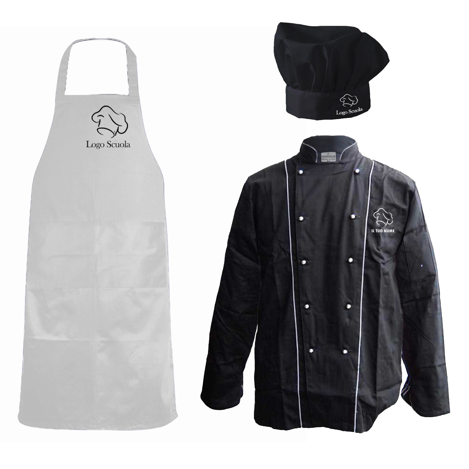 Completo Personalizzabile Kit Divisa Cucina e Scuola Alberghiera con Grembiule, Cappello e Casacca Chef