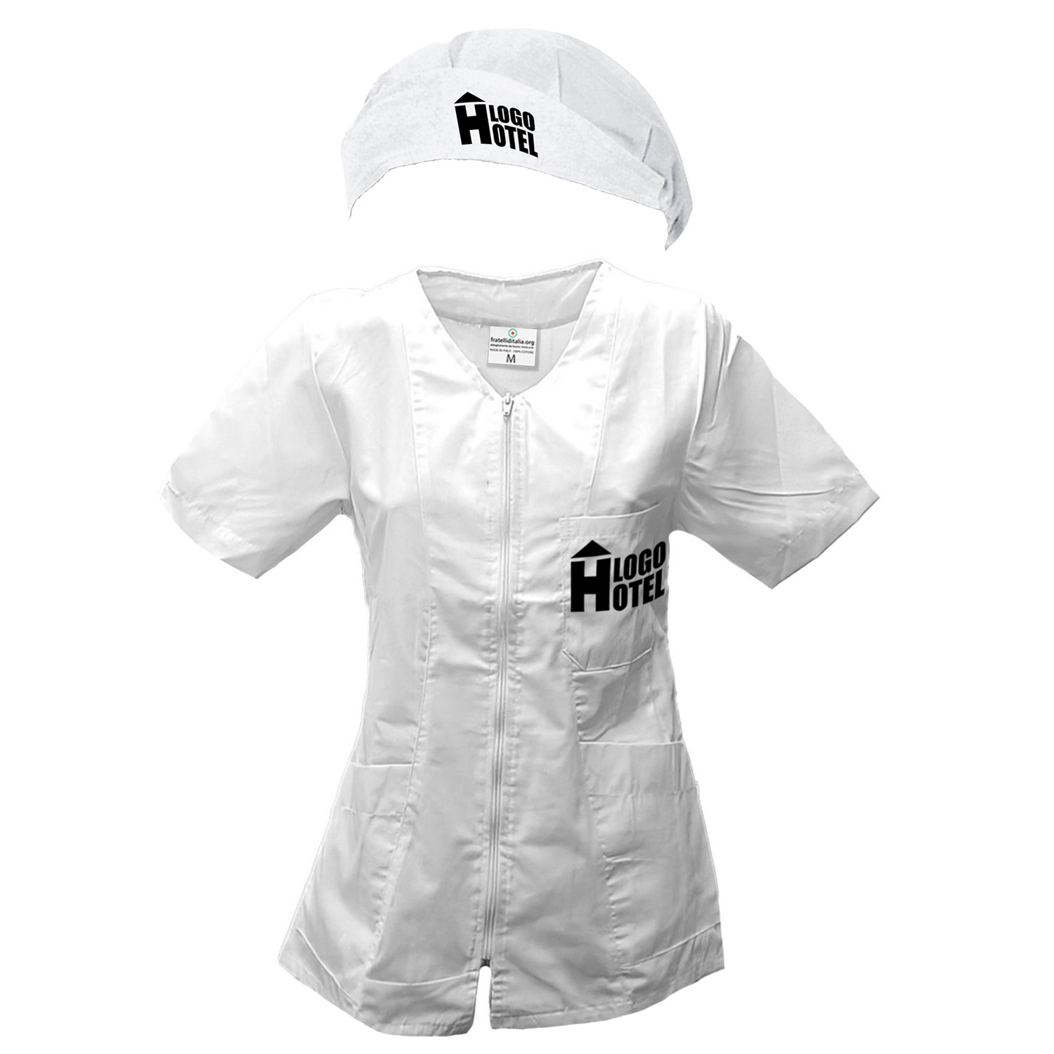 Completo camice grembiule Pulizie lavoro estetista infermiera oss Cuffia e Casacca Zip da Donna vari colori made in italy