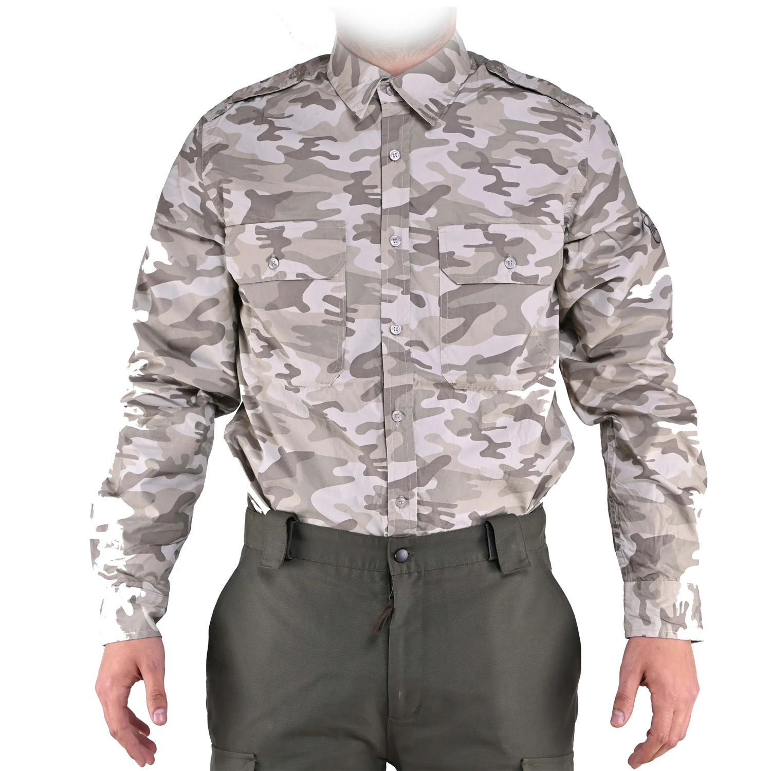 Men\'s shirt hunting camo beige poplin buttons pockets mountain technical clothing