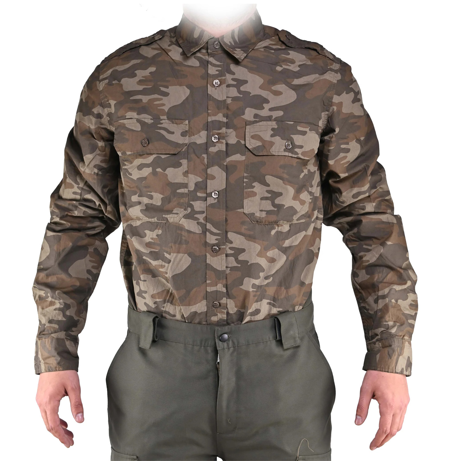 Men\'s shirt hunting camo beige poplin buttons pockets mountain technical clothing