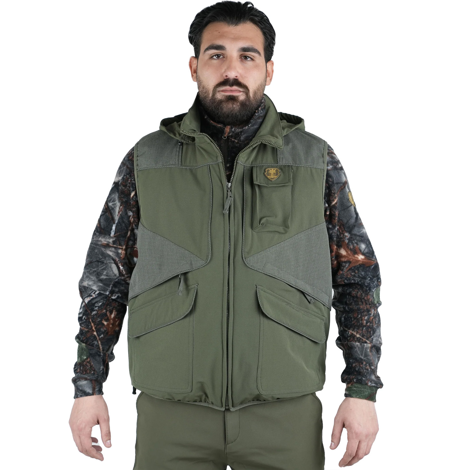 Gilet smanicato arancio verde elasticizzato antispino e antistrappo con la presenza di carniere caccia