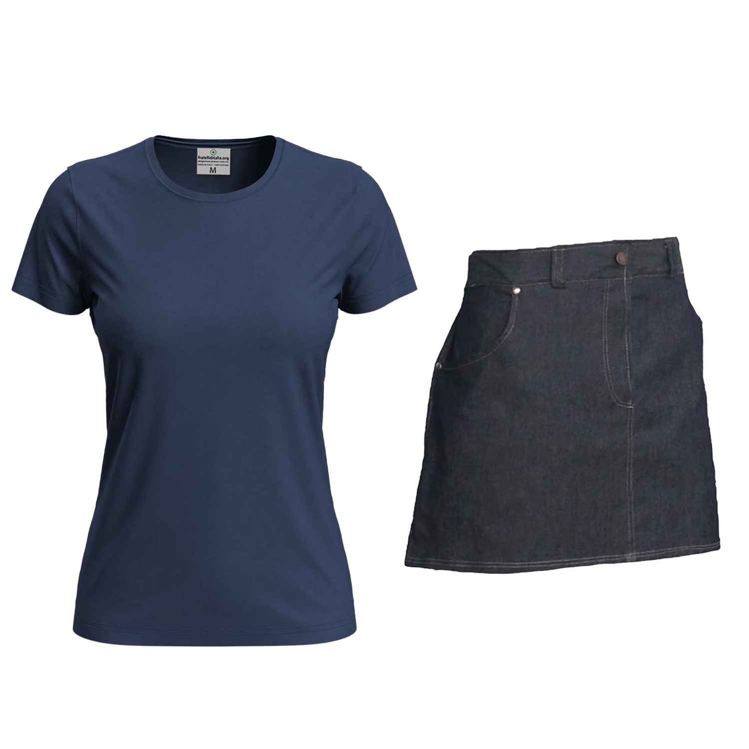 Kit donna con Grembiule davantino jeans corto e t-shirt per cameriere sala bar e divisa per Scuola Alberghiera Personalizzabile con Nome e Logo