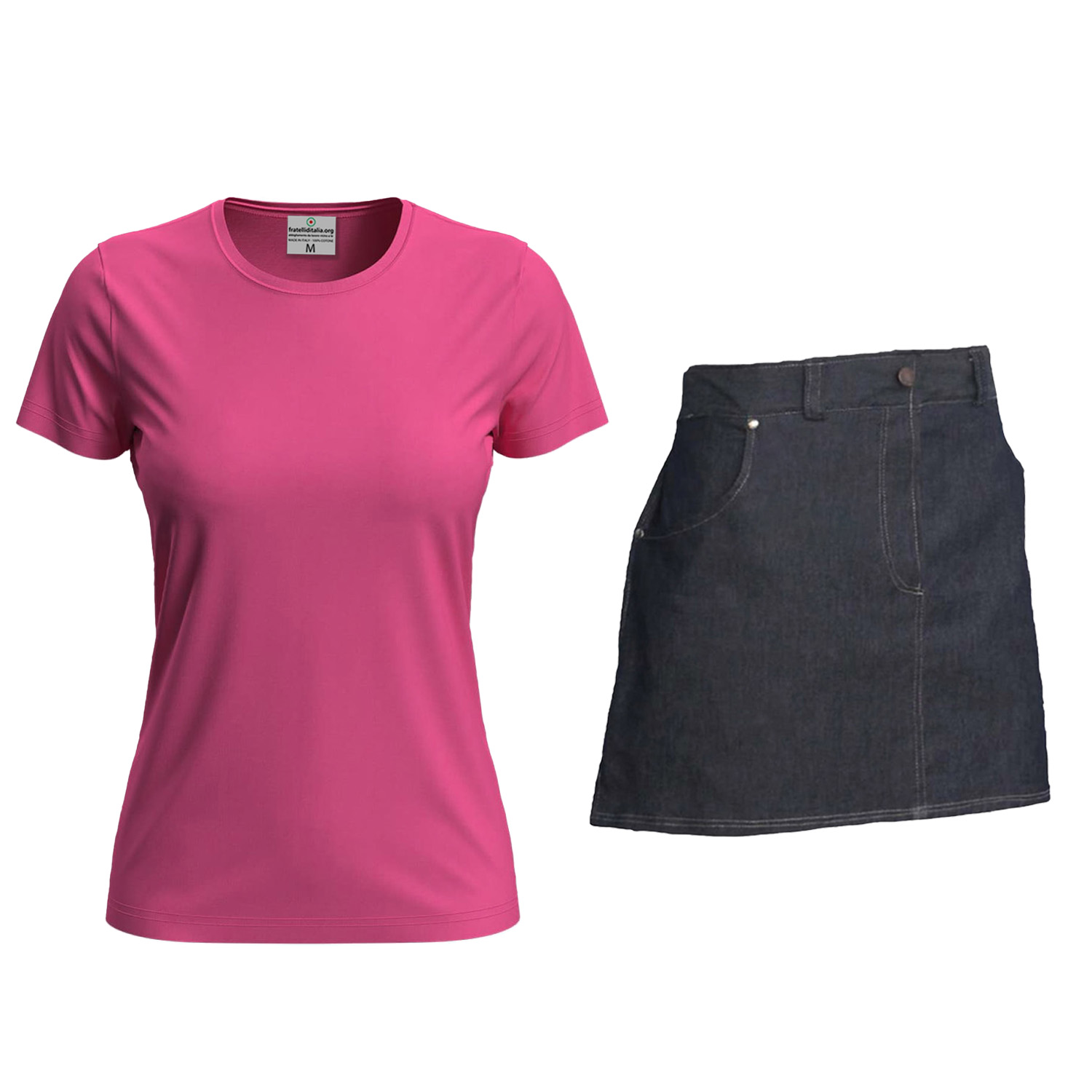 Kit donna con Grembiule davantino jeans corto e t-shirt per cameriere sala bar e divisa per Scuola Alberghiera Personalizzabile con Nome e Logo