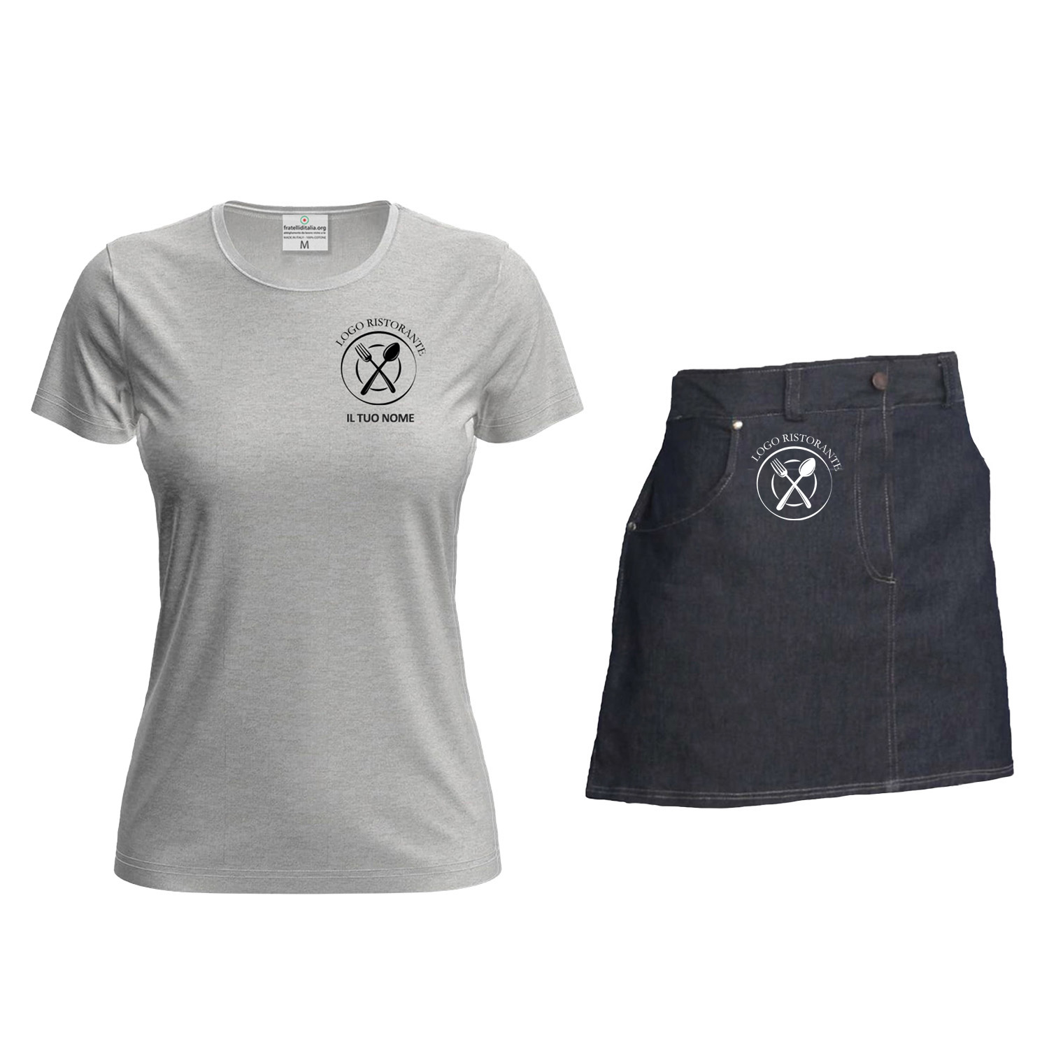 Kit donna con Grembiule davantino jeans corto e t-shirt per cameriere sala bar e divisa per Scuola Alberghiera Personalizzabile con Nome e Logo