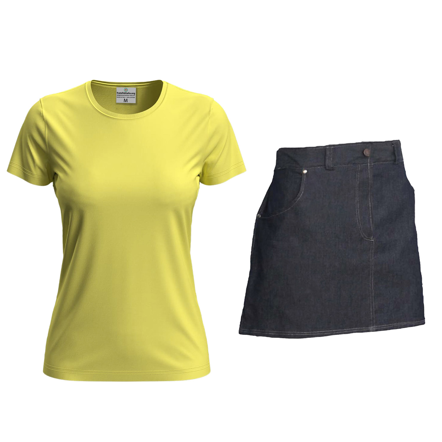 Kit donna con Grembiule davantino jeans corto e t-shirt per cameriere sala bar e divisa per Scuola Alberghiera Personalizzabile con Nome e Logo