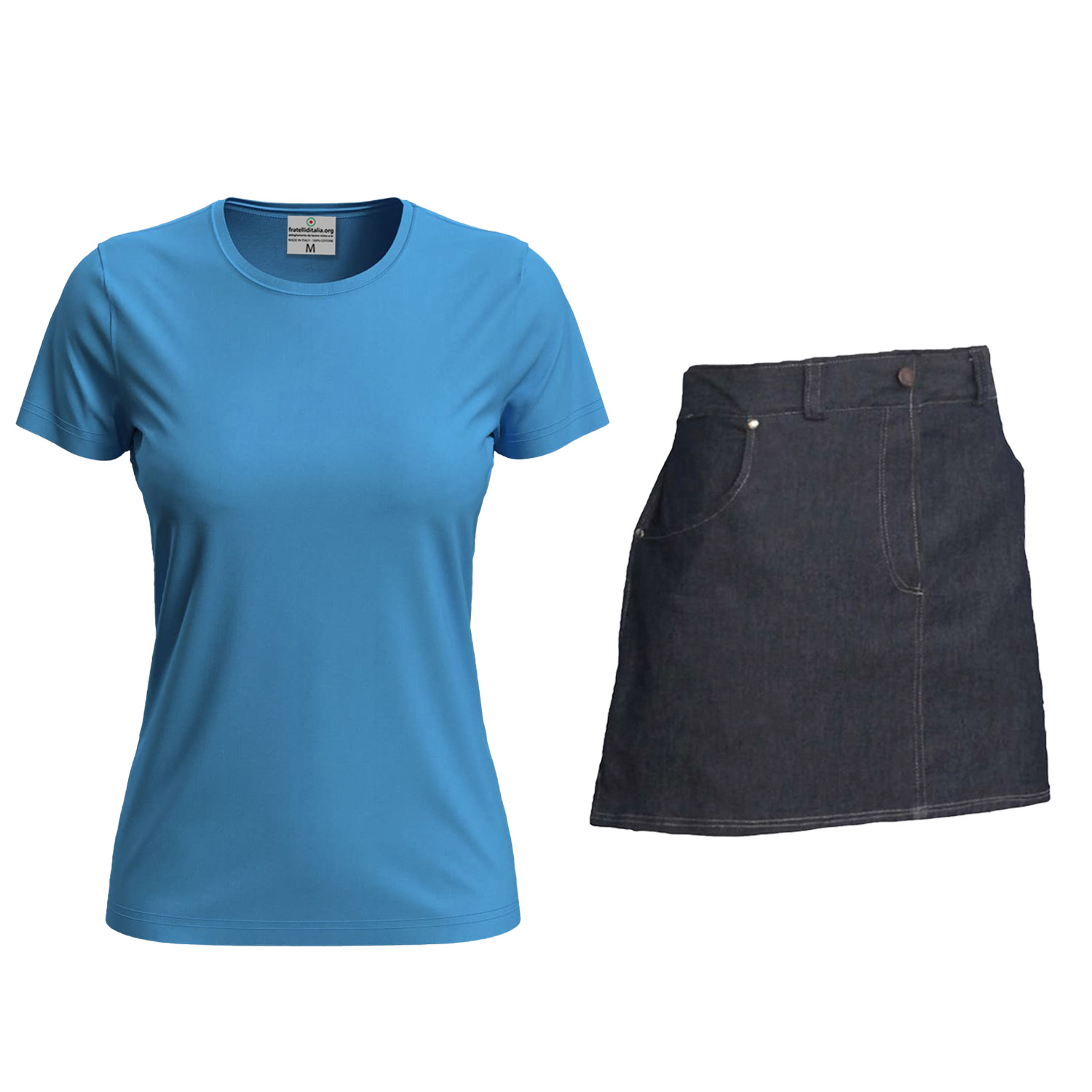 Kit donna con Grembiule davantino jeans corto e t-shirt per cameriere sala bar e divisa per Scuola Alberghiera Personalizzabile con Nome e Logo