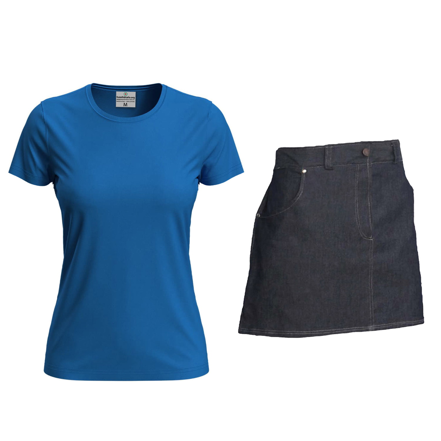 Kit donna con Grembiule davantino jeans corto e t-shirt per cameriere sala bar e divisa per Scuola Alberghiera Personalizzabile con Nome e Logo
