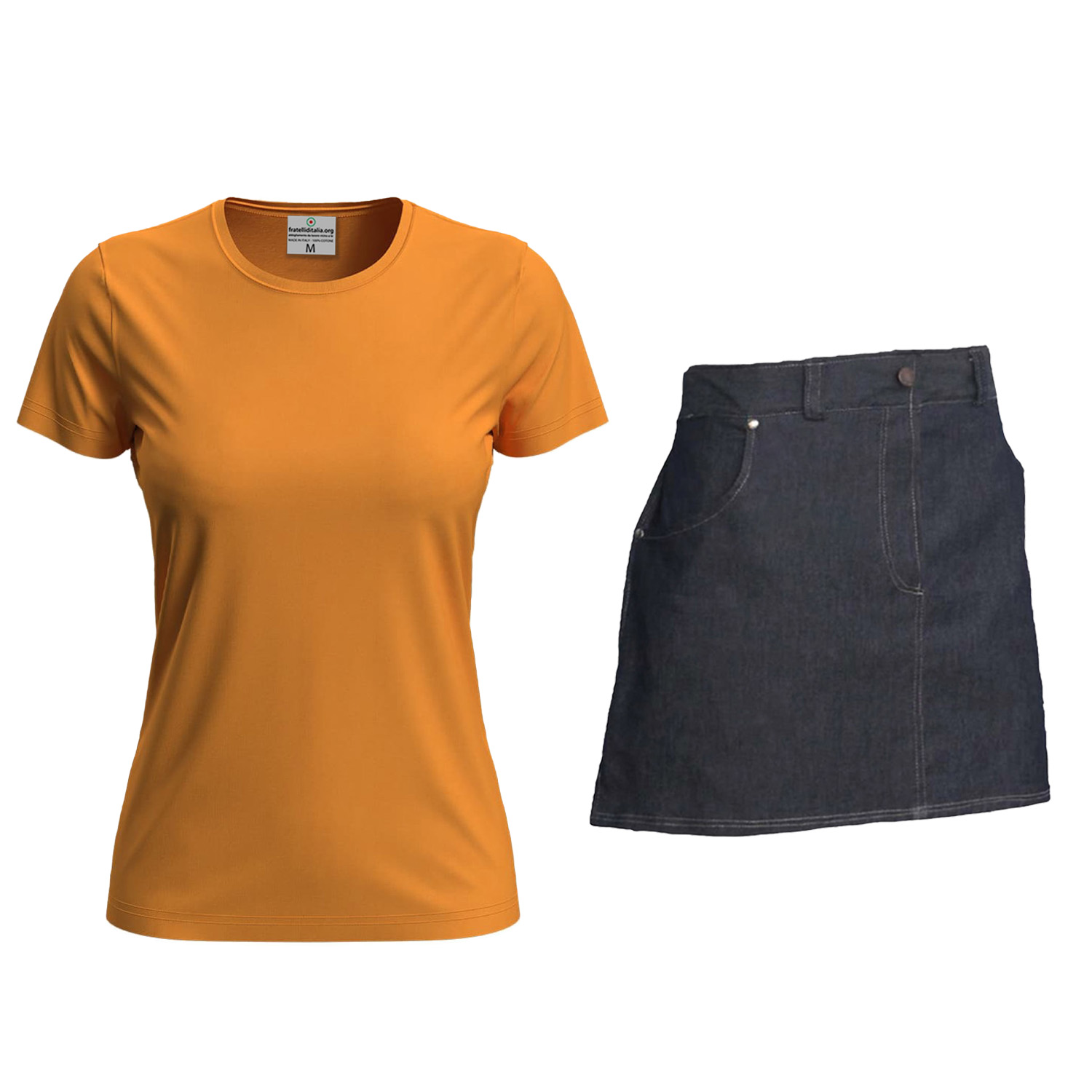 Kit donna con Grembiule davantino jeans corto e t-shirt per cameriere sala bar e divisa per Scuola Alberghiera Personalizzabile con Nome e Logo