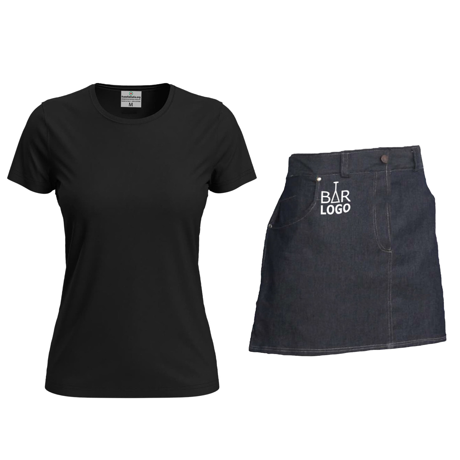 Kit donna con Grembiule davantino jeans corto e t-shirt per cameriere sala bar e divisa per Scuola Alberghiera Personalizzabile con Nome e Logo