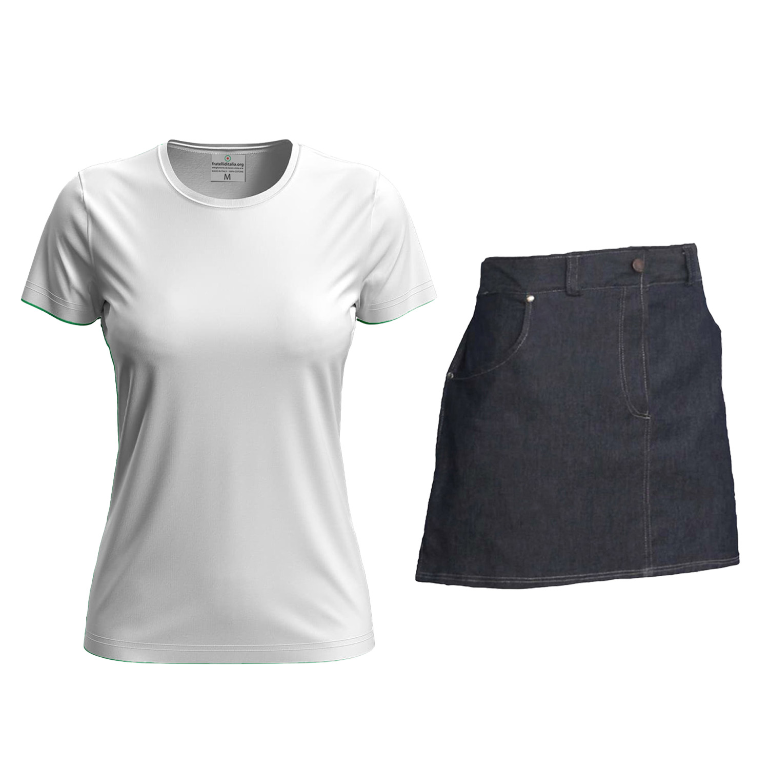 Kit donna con Grembiule davantino jeans corto e t-shirt per cameriere sala bar e divisa per Scuola Alberghiera Personalizzabile con Nome e Logo
