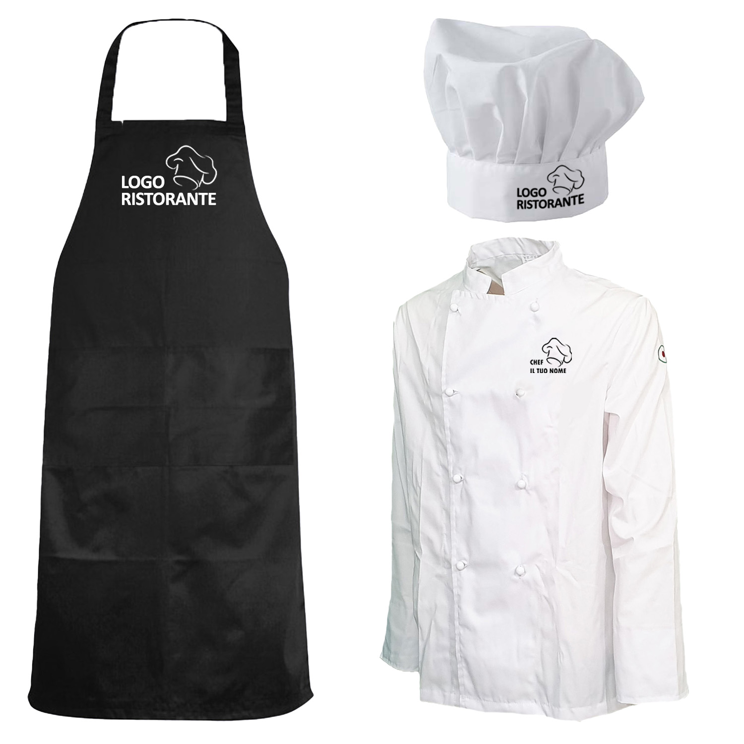 Completo Personalizzabile Kit Divisa Cucina e Scuola Alberghiera con Grembiule, Cappello e Casacca Chef