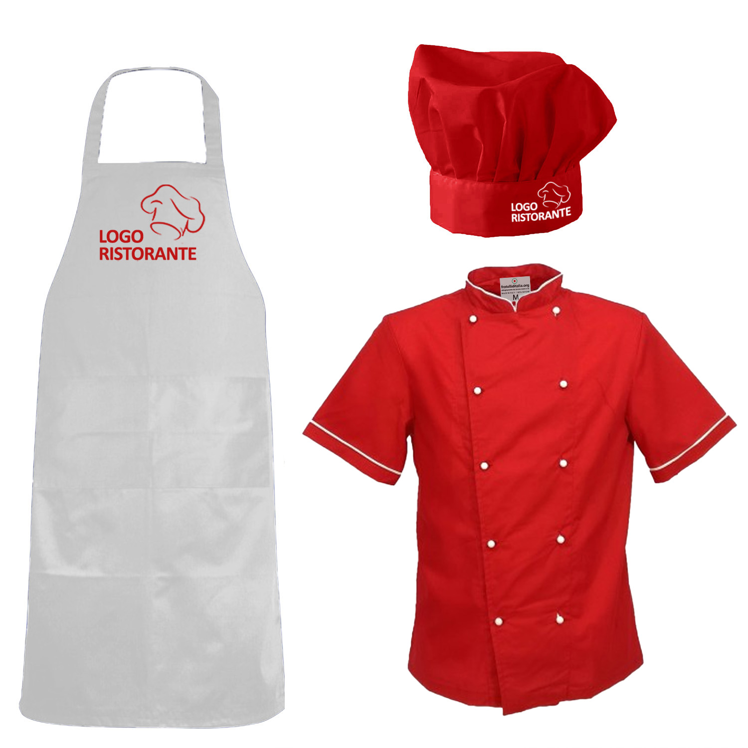 Komplette Kochuniform, Hotelschule, anpassbar: Küchenuniform-Set mit Schürze, Mütze und Sommerjacke