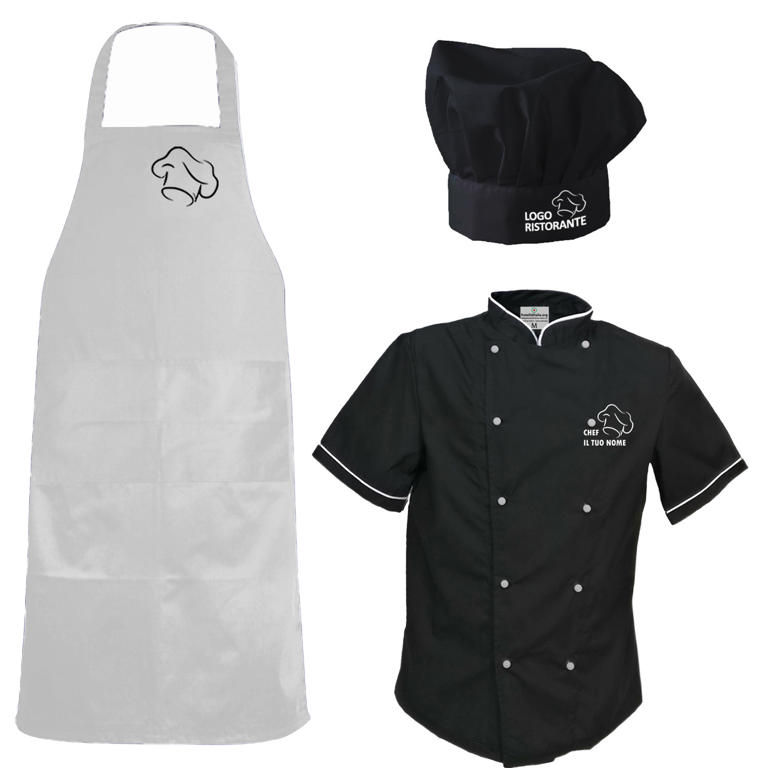 Komplette Kochuniform, Hotelschule, anpassbar: Küchenuniform-Set mit Schürze, Mütze und Sommerjacke