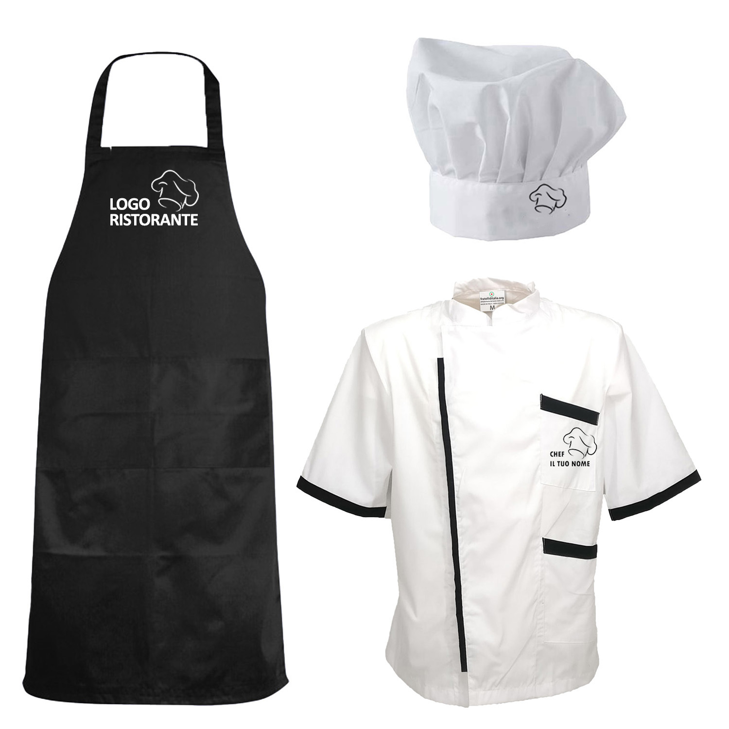 Kit Cuoco cucina divisa Scuola Alberghiera Personalizzabile Kit Divisa per Cucina con Grembiule Cappello e Giacca Estiva