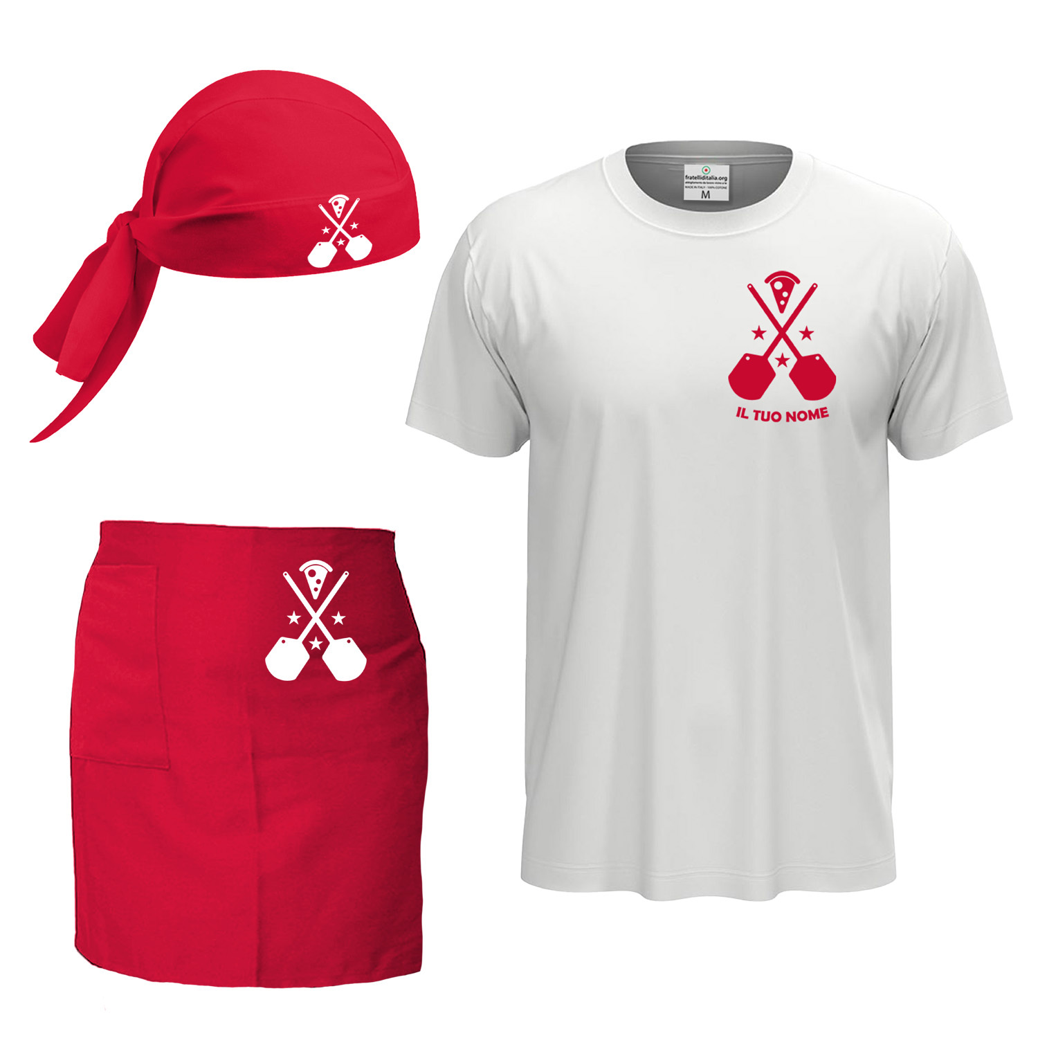 Kit Cucina Ristorante Pizzeria con t-shirt e grembiule corto e bandana Personalizzabile con Logo e Nome