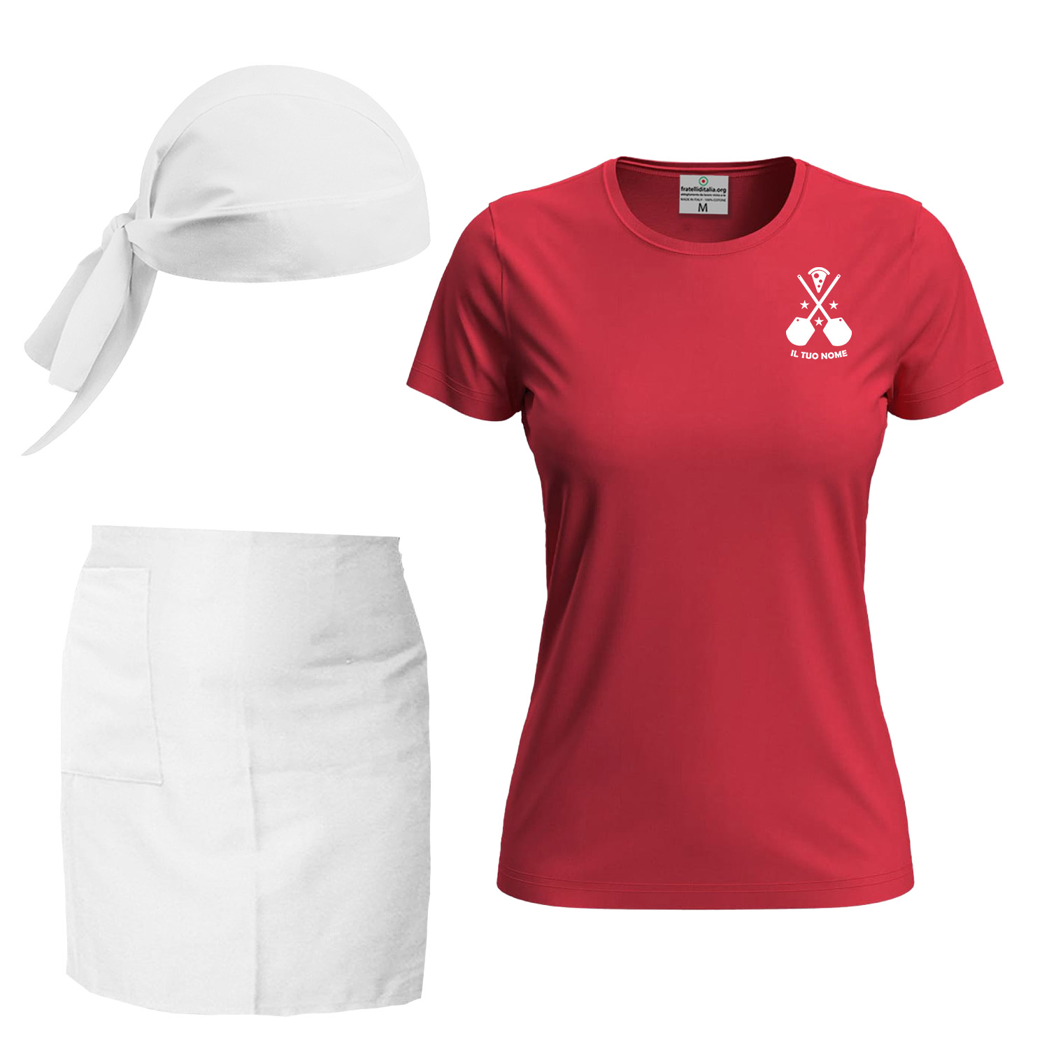 Kit Donna Cucina Ristorante Pizzeria con t-shirt e grembiule corto e bandana varie taglie e colori made in italy