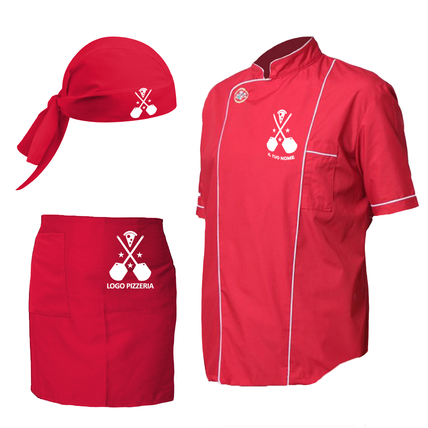 Kit Kitchen Restaurant Pizzeria with half-sleeve Tunic, short apron and bandana. Customizable with Logo and Name.