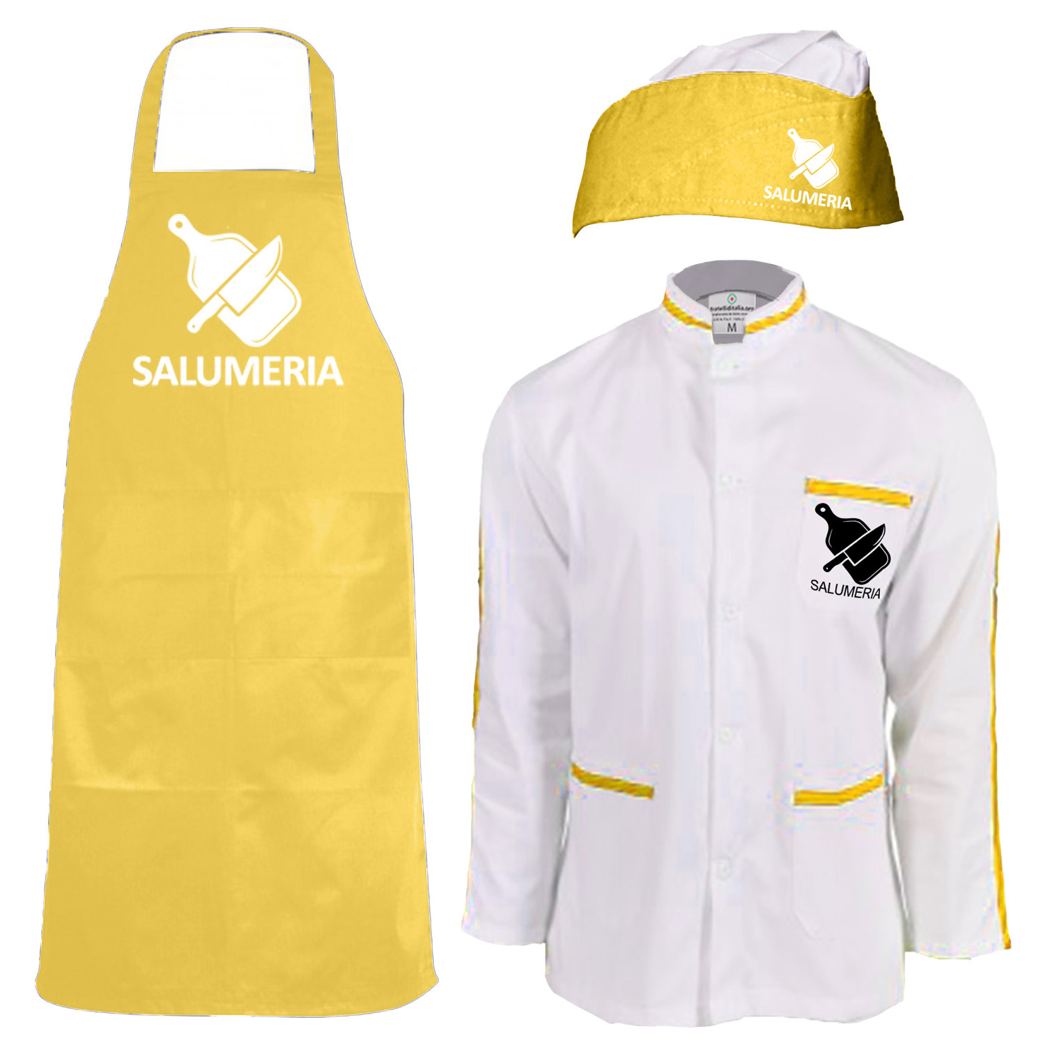 Kit Divisa Uomo Giacca cappello e grembiule per salumerie ortofrutta pescherie laboratori macellerie e supermercati made in italy