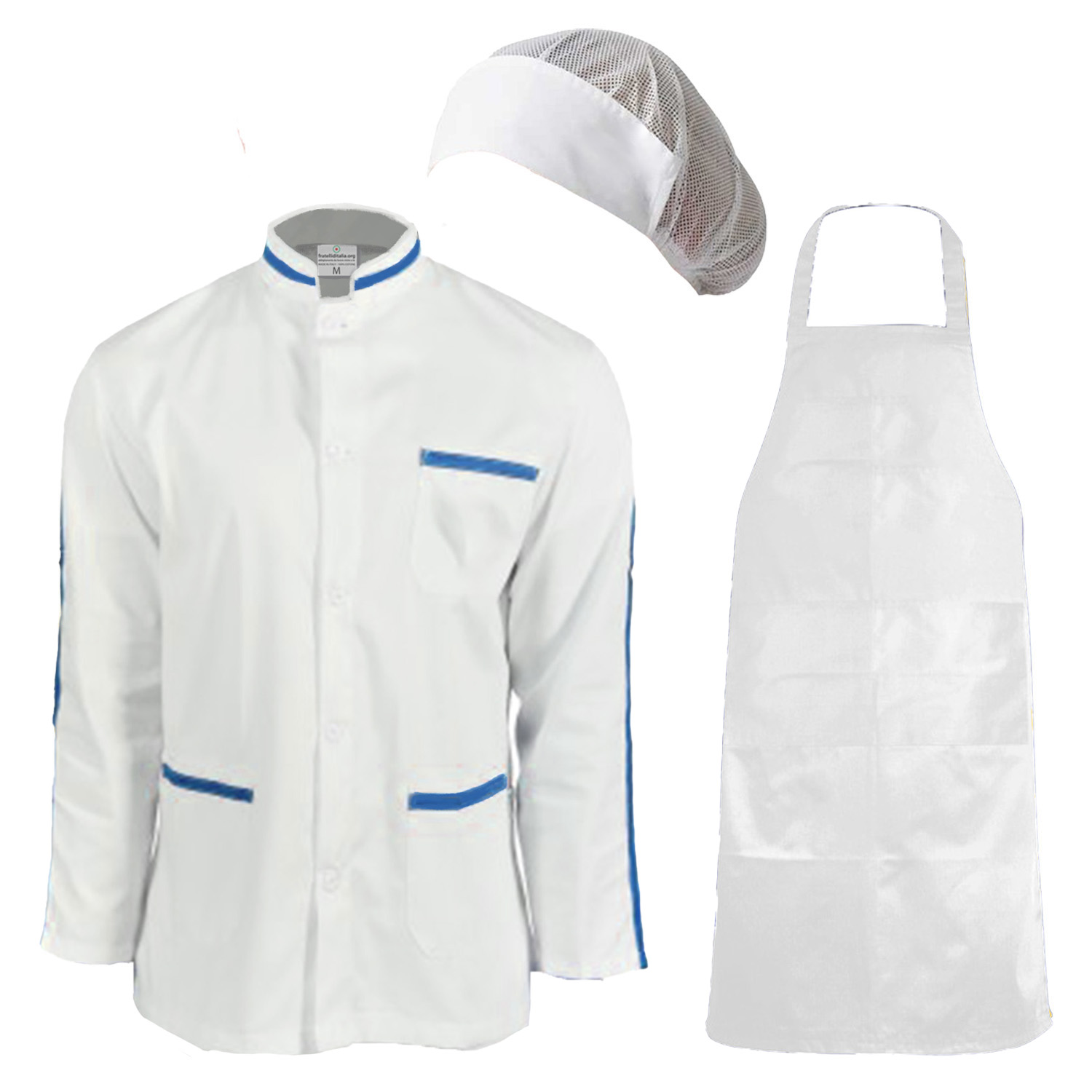 Kit divisa uomo da lavoro con casacca grembiule e cuffia Ideale per caseifici laboratori e supermercati -Personalizzabile con il tuo logo e il tuo nome