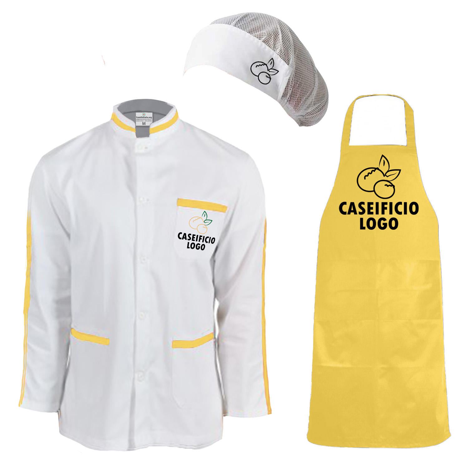 Kit divisa uomo da lavoro con casacca grembiule e cuffia Ideale per caseifici laboratori e supermercati -Personalizzabile con il tuo logo e il tuo nome