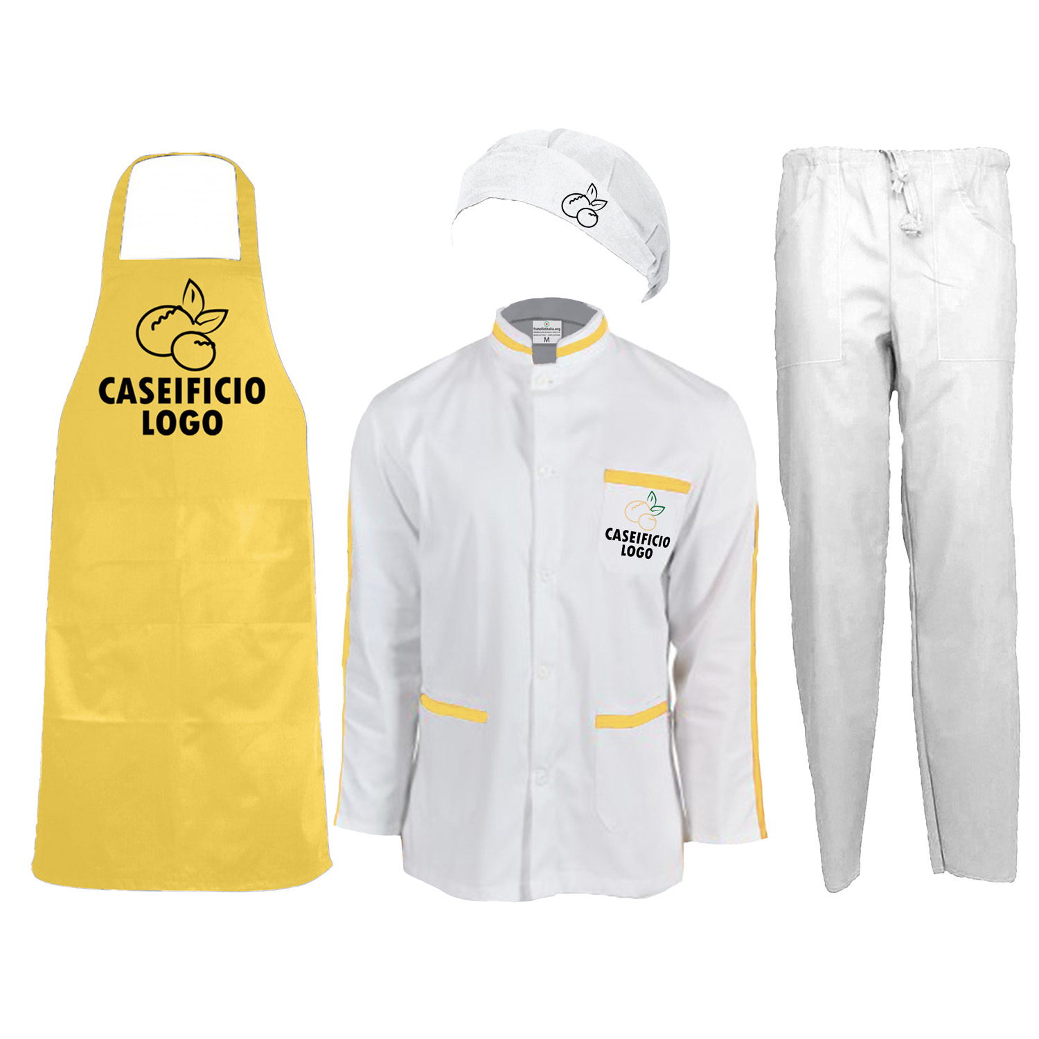 Kit divisa uomo con casacca grembiule cuffia pantalone ideale per caseifici laboratori e supermercati Personalizzabile con il tuo logo o il tuo nome