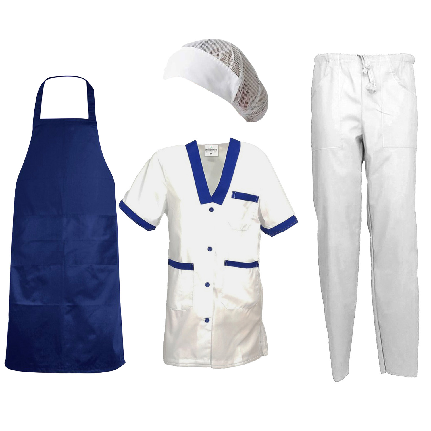 Divisa donna con camice grembiule pantalone cuffia per lavoro in caseifici laboratori e supermercati Personalizzabile con logo e nome