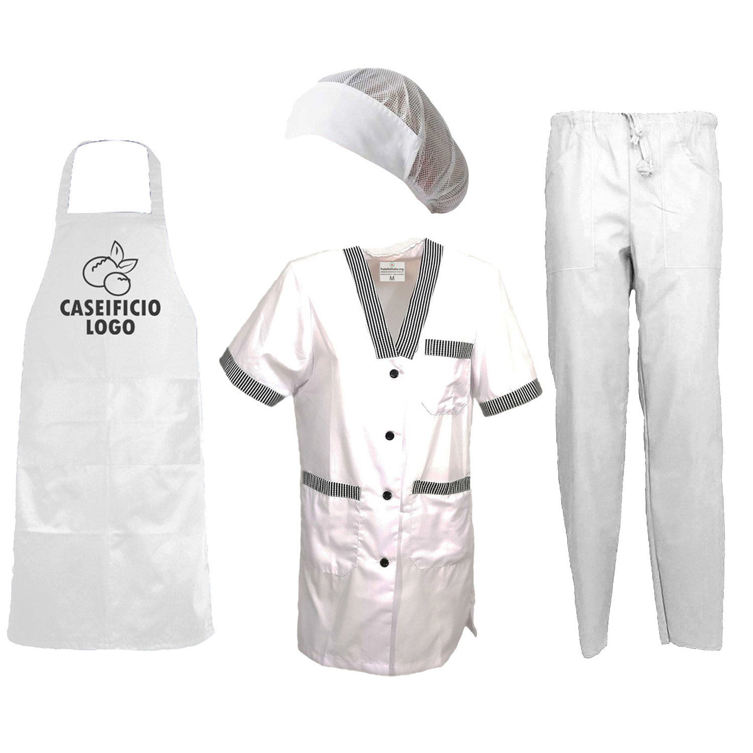 Divisa donna con camice grembiule pantalone cuffia per lavoro in caseifici laboratori e supermercati Personalizzabile con logo e nome