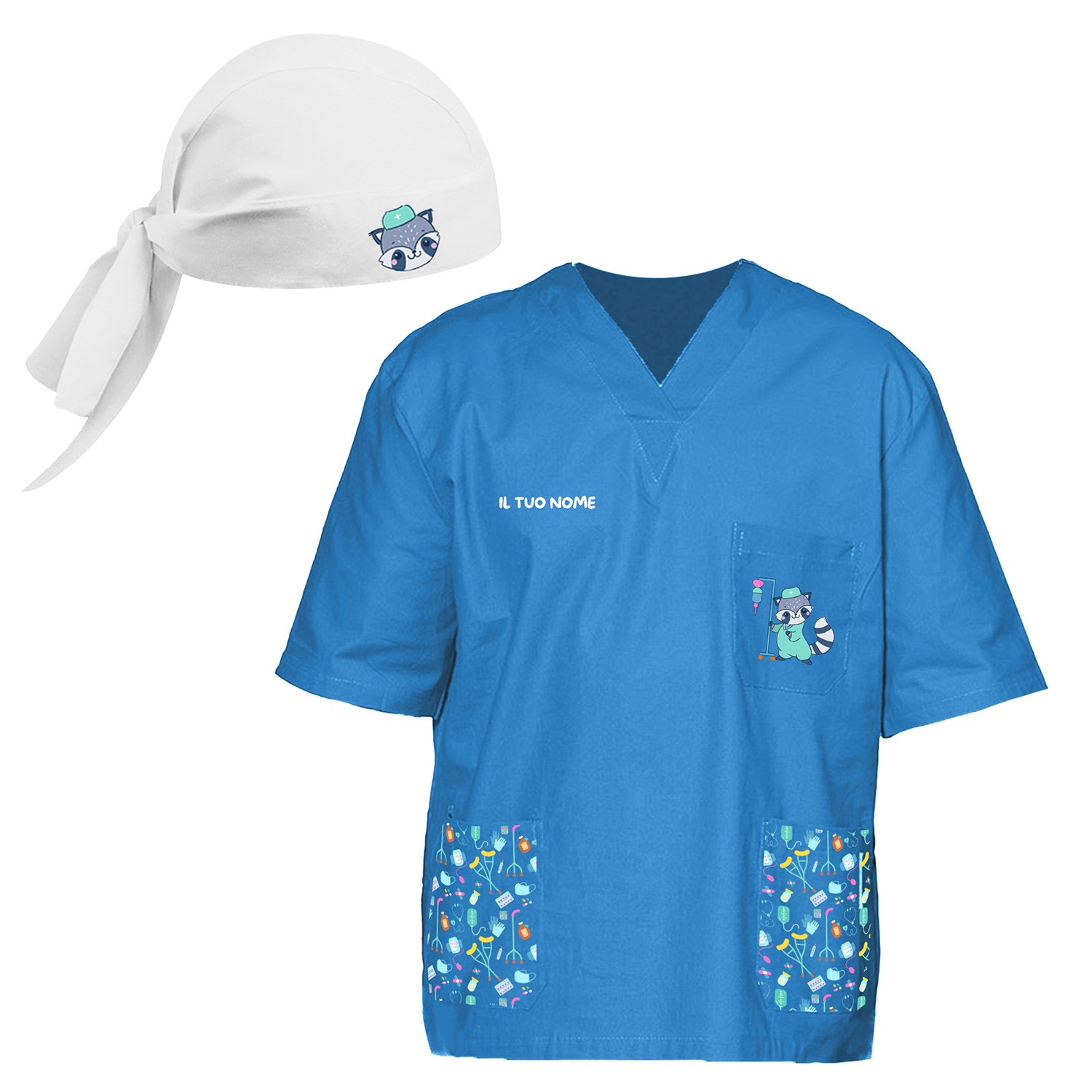 Divisa completo oss casacca animali scollo a v con pantalone e bandana per medico peterapy tolettatore pediatra