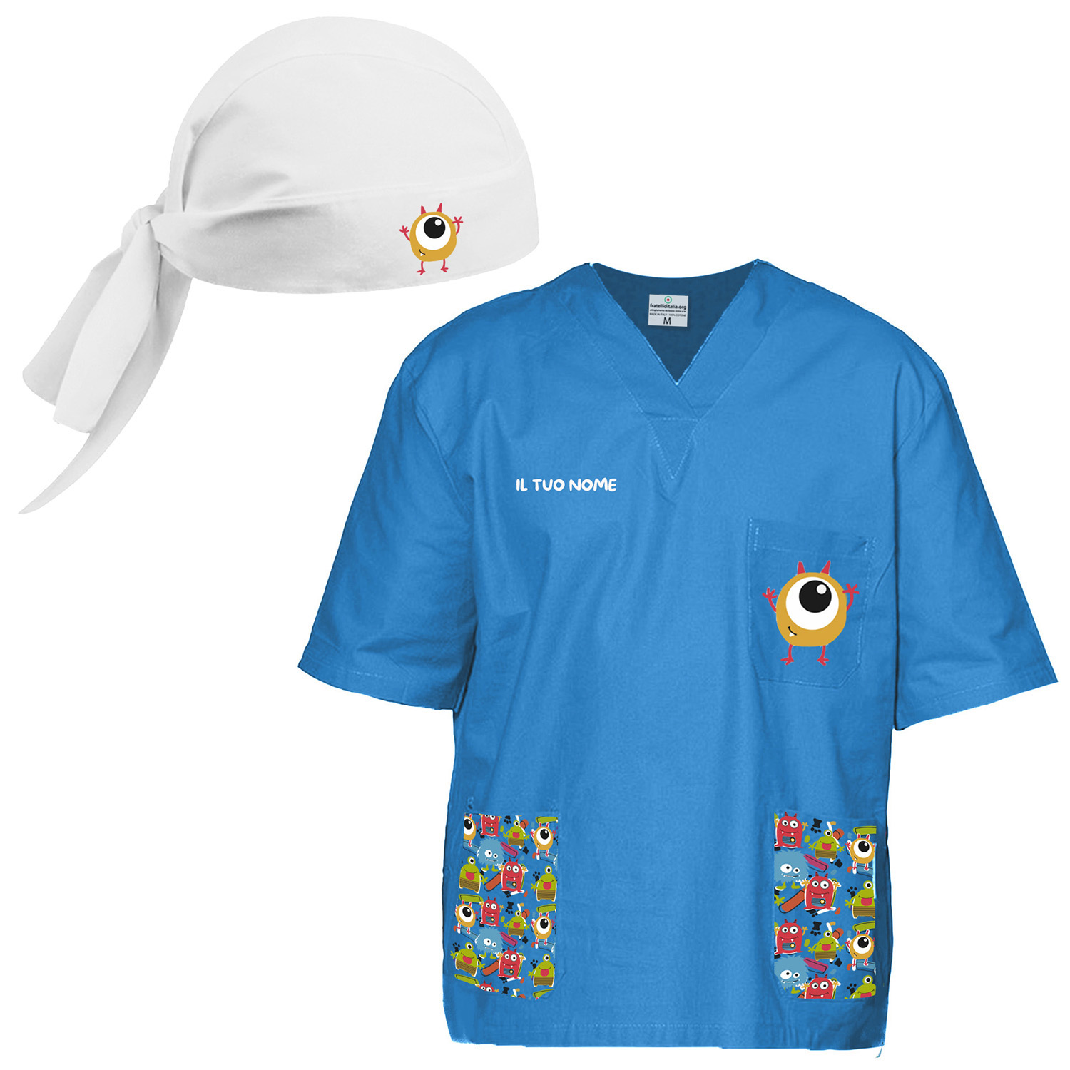 Divisa completo oss casacca scollo a v con pantalone e bandana infermiere pediatra dottore ospedaliero fantasia mostri