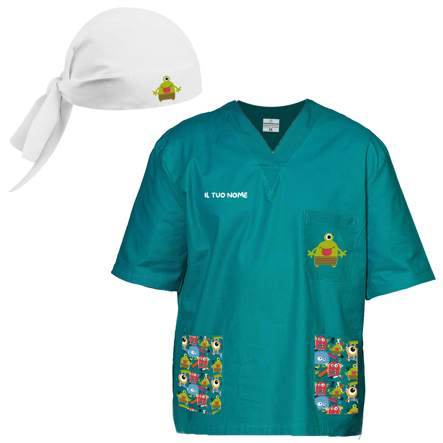 Divisa completo oss casacca scollo a v con pantalone e bandana infermiere pediatra dottore ospedaliero fantasia mostri