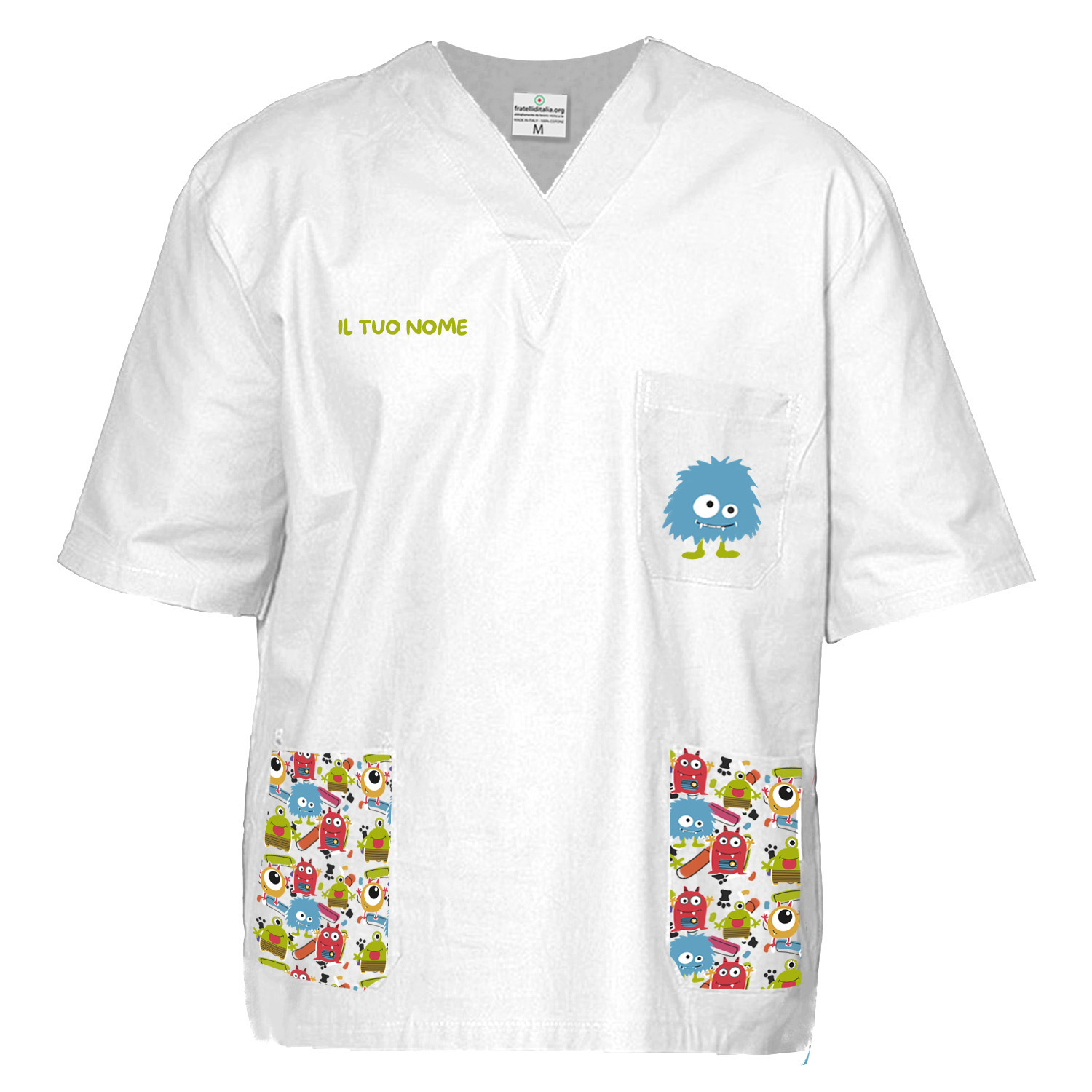 Divisa completo oss casacca scollo a v con pantalone e bandana infermiere pediatra dottore ospedaliero fantasia mostri