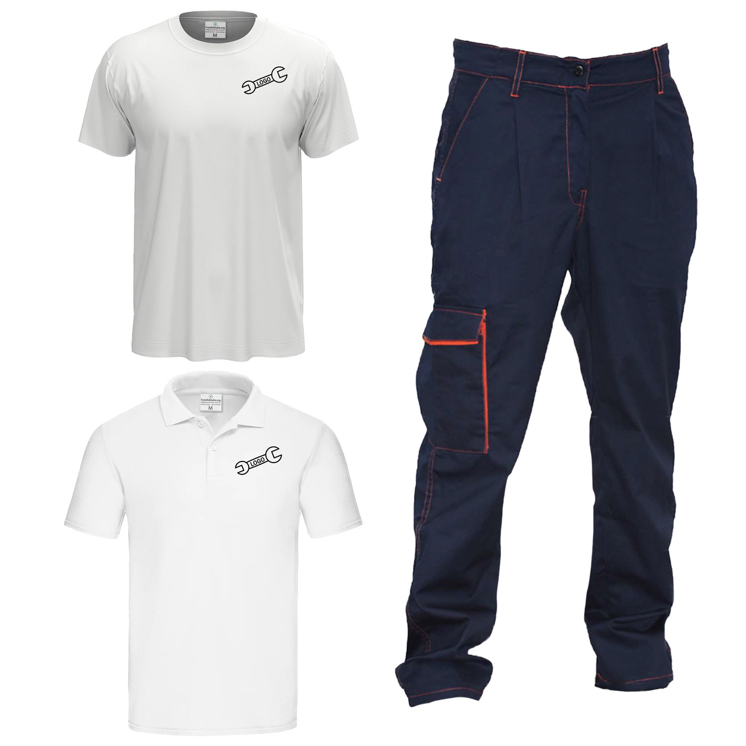 Kit da lavoro con Polo T-shirt e pantalone per carrozziere, elettricista, falegname, ferramenta, gommista, idraulico e meccanico Personalizzabile con Nome e logo