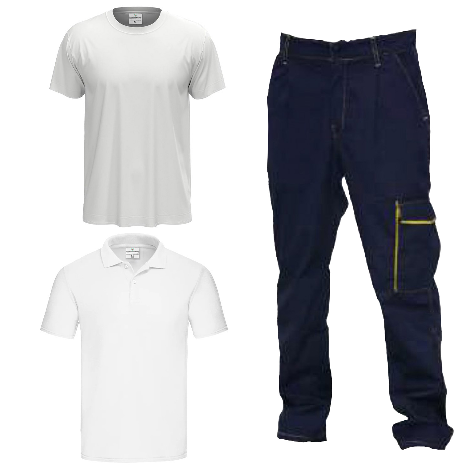 Kit da lavoro con Polo T-shirt e pantalone per carrozziere, elettricista, falegname, ferramenta, gommista, idraulico e meccanico Personalizzabile con Nome e logo