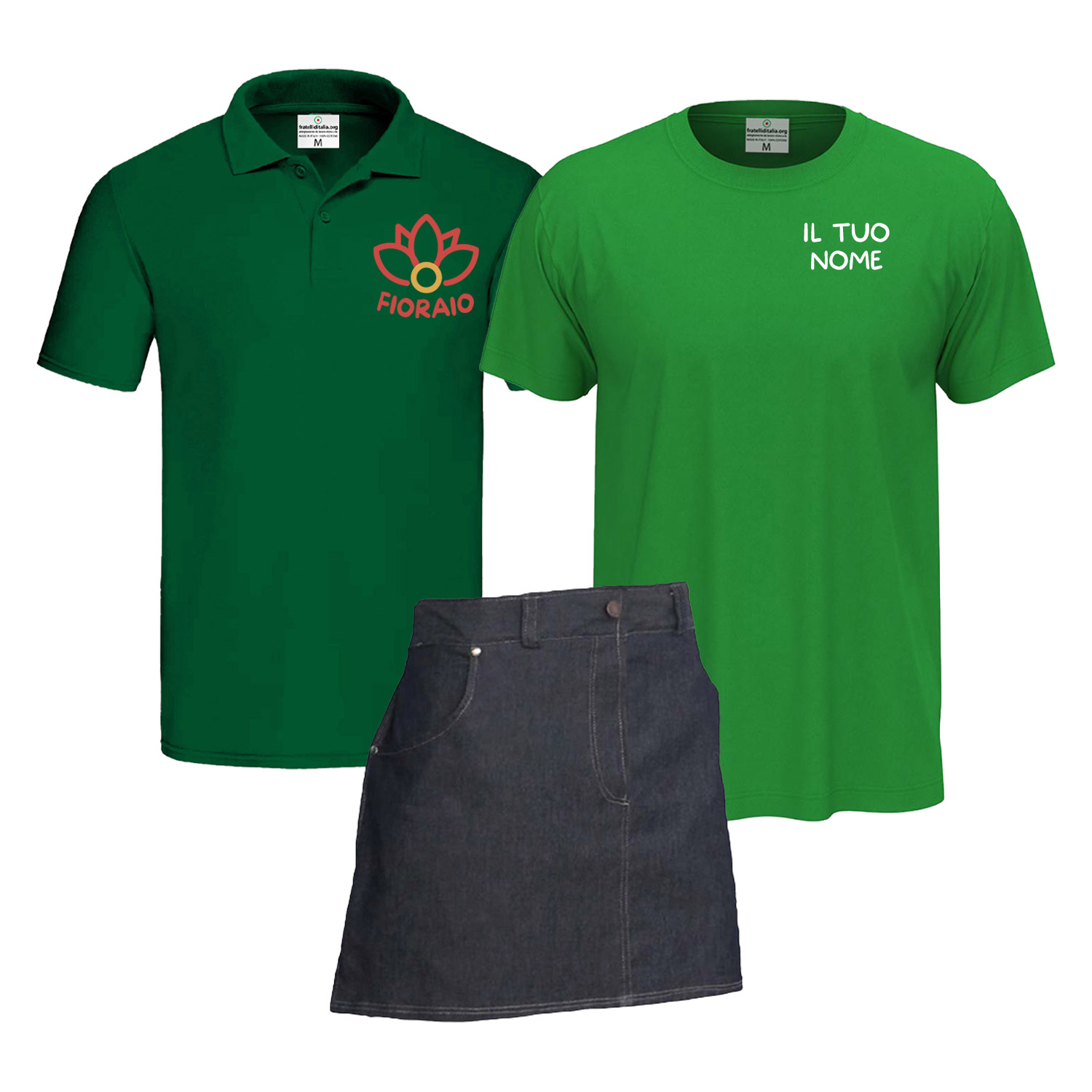 Kit Uomo Include un grembiule corto in jeans una polo e una t-shirt per Fioraio varie taglie e colori