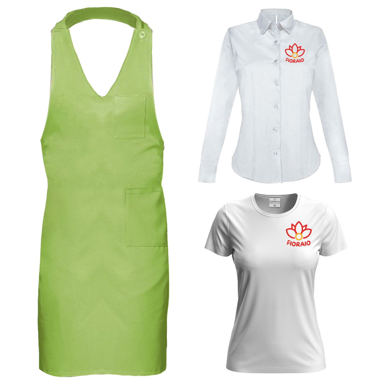 Kit Fleuriste pour Femme T-shirt vert, chemise et tablier paragilet - personnalisable avec nom et logo