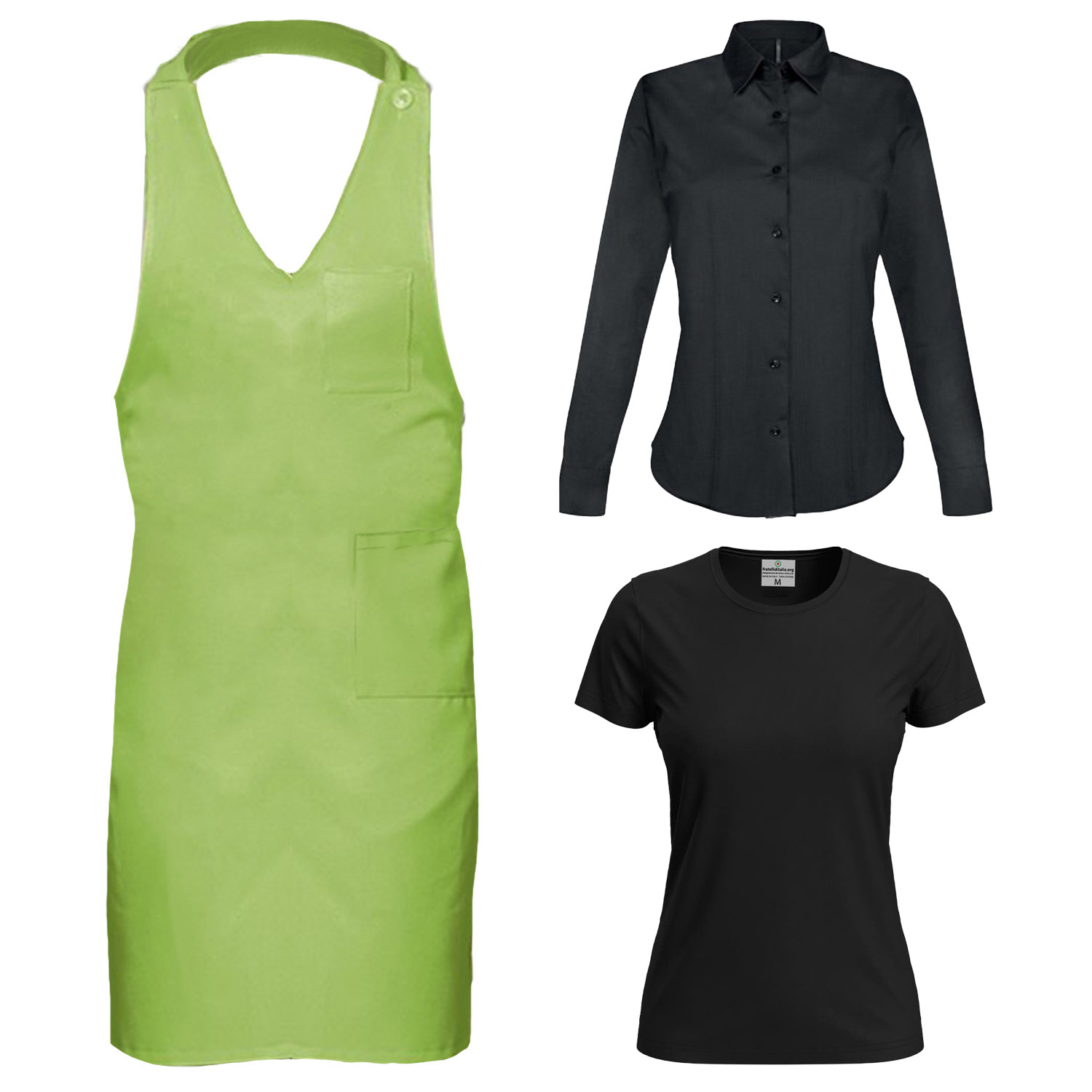 Kit Fleuriste pour Femme T-shirt vert, chemise et tablier paragilet - personnalisable avec nom et logo