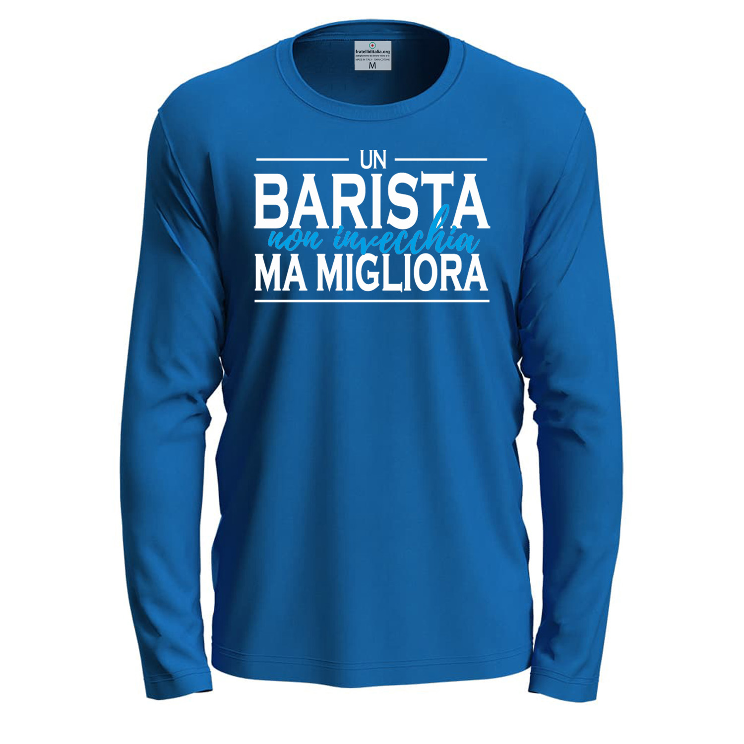 T-shirt classica a manica lunga IL BARISTA NON INVECCHIA con stampa DTF bar idea regalo uomo donna