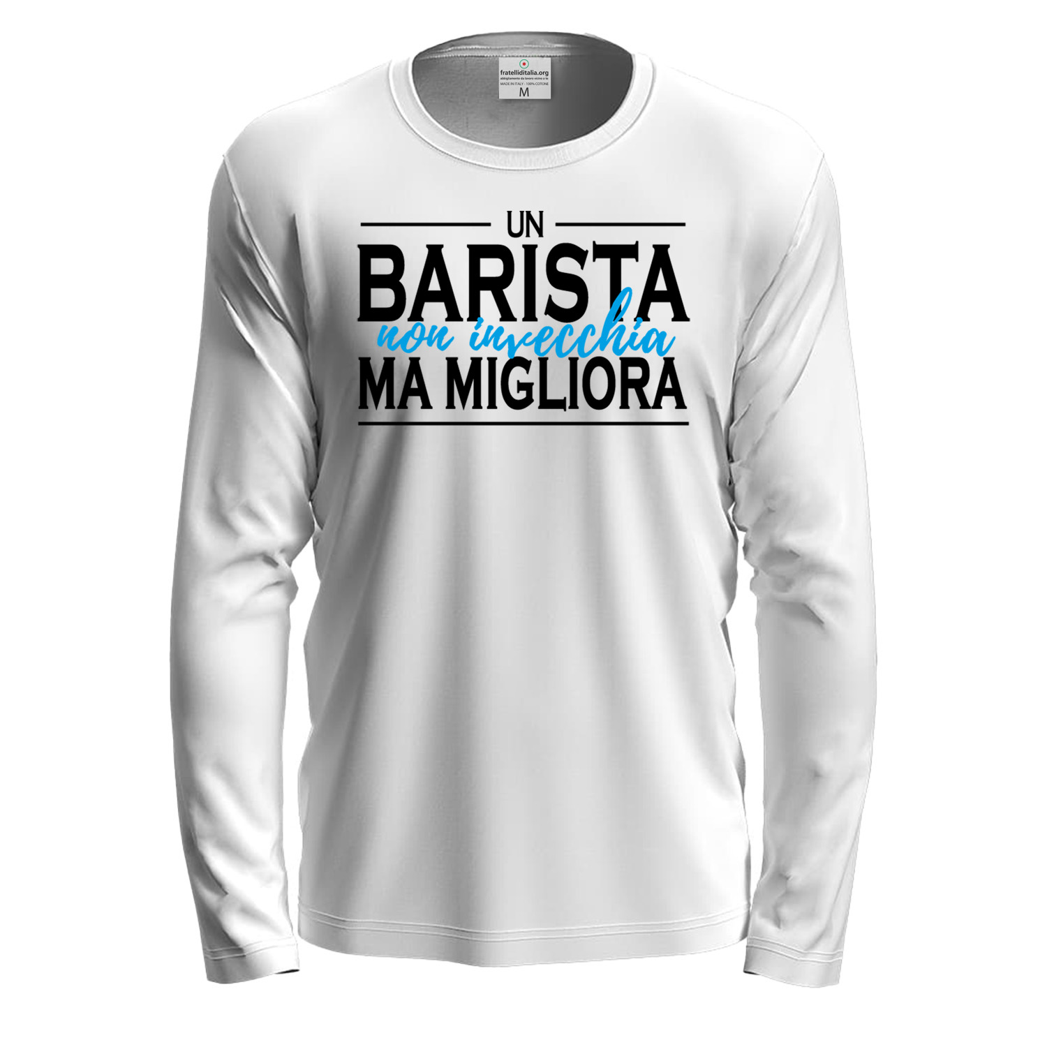 T-shirt classica a manica lunga IL BARISTA NON INVECCHIA con stampa DTF bar idea regalo uomo donna