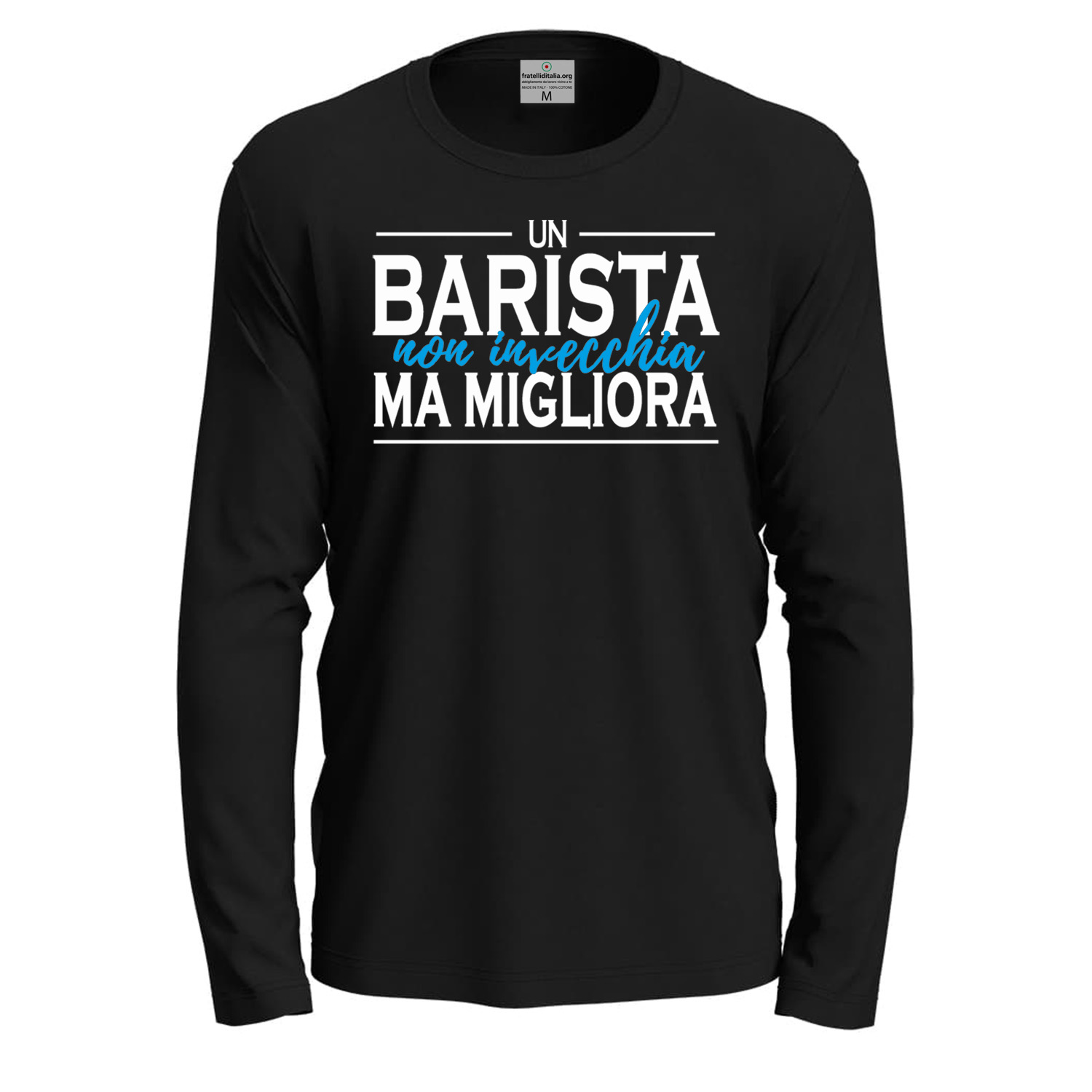 T-shirt classica a manica lunga IL BARISTA NON INVECCHIA con stampa DTF bar idea regalo uomo donna