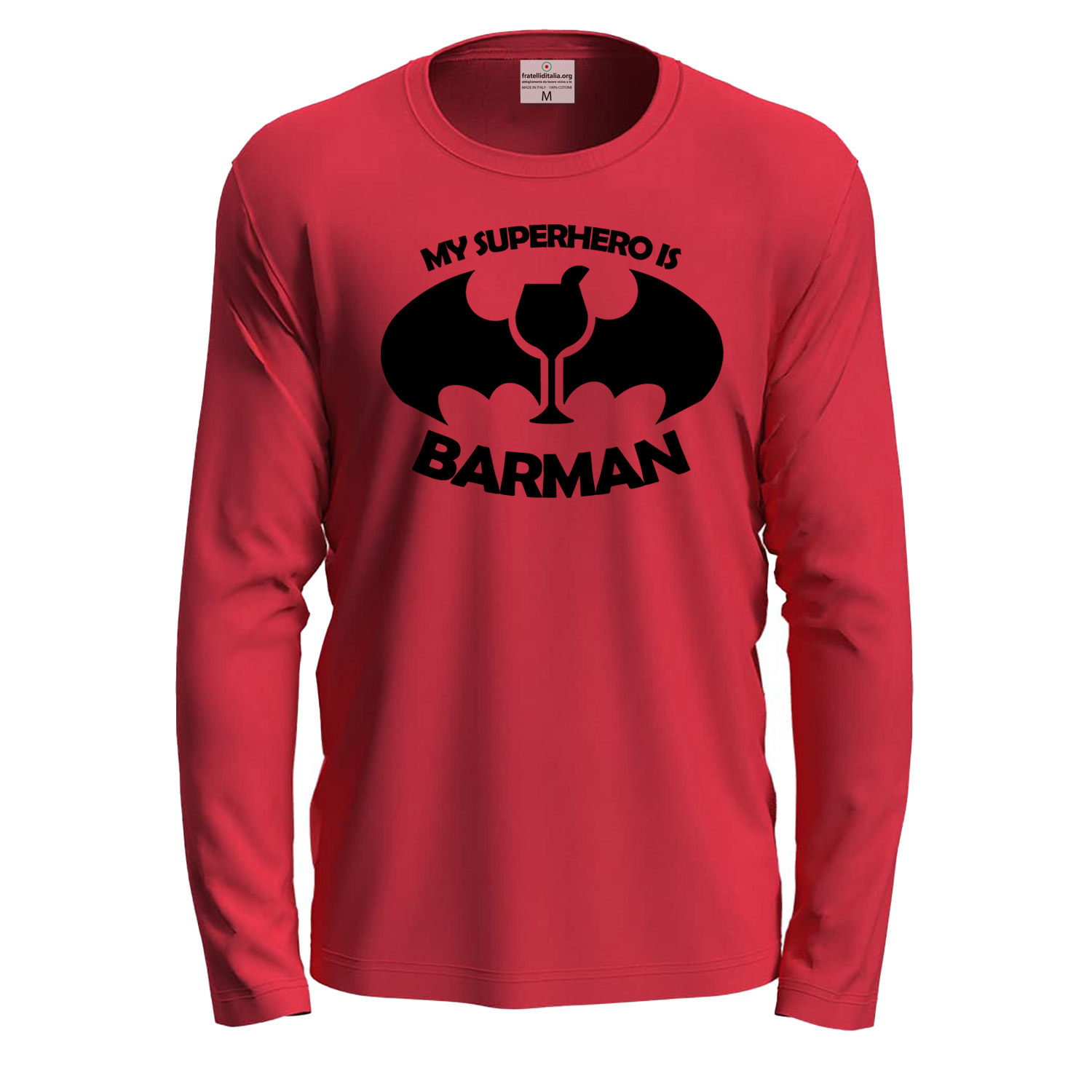 T-shirt classica a manica lunga con stampa BARMAN simpatica divertente bar cartoon idea regalo uomo