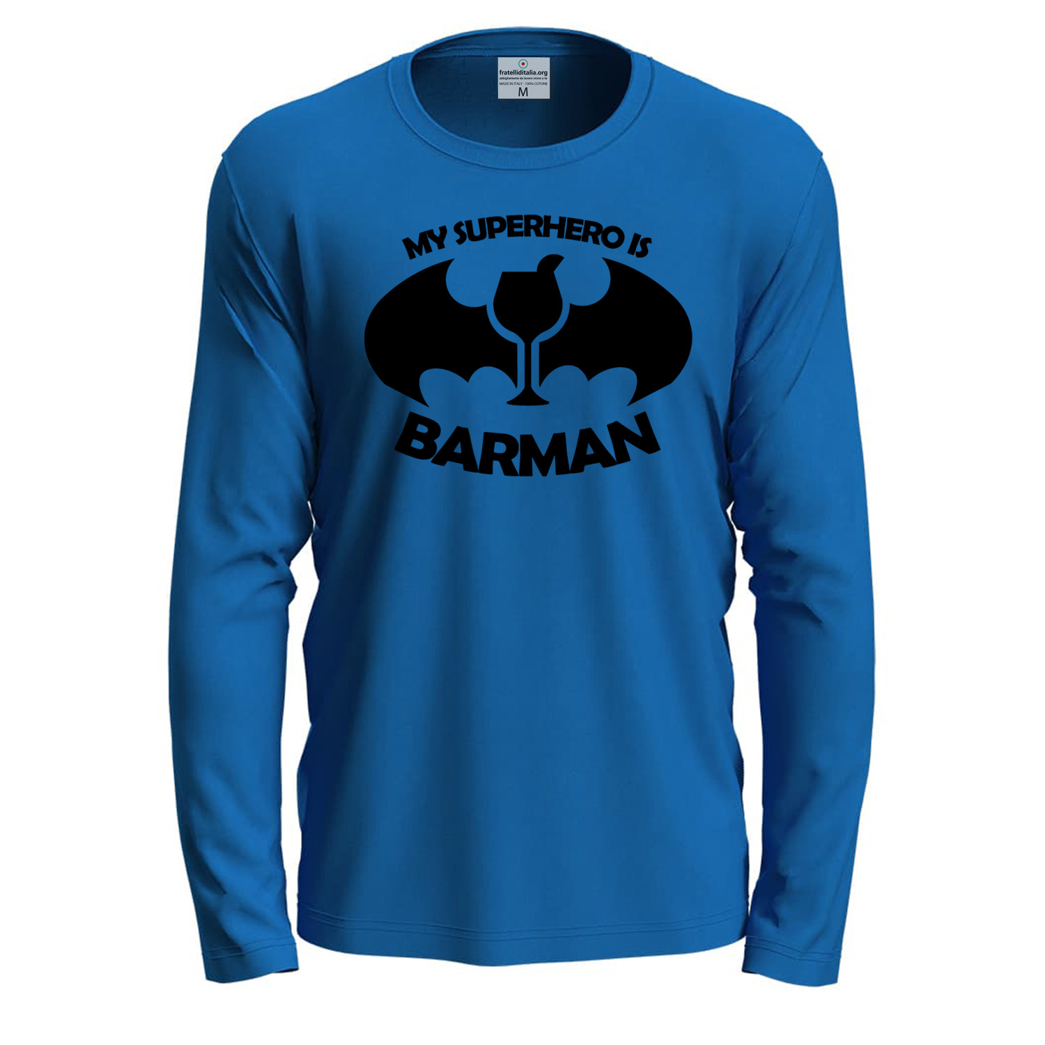 T-shirt classica a manica lunga con stampa BARMAN simpatica divertente bar cartoon idea regalo uomo