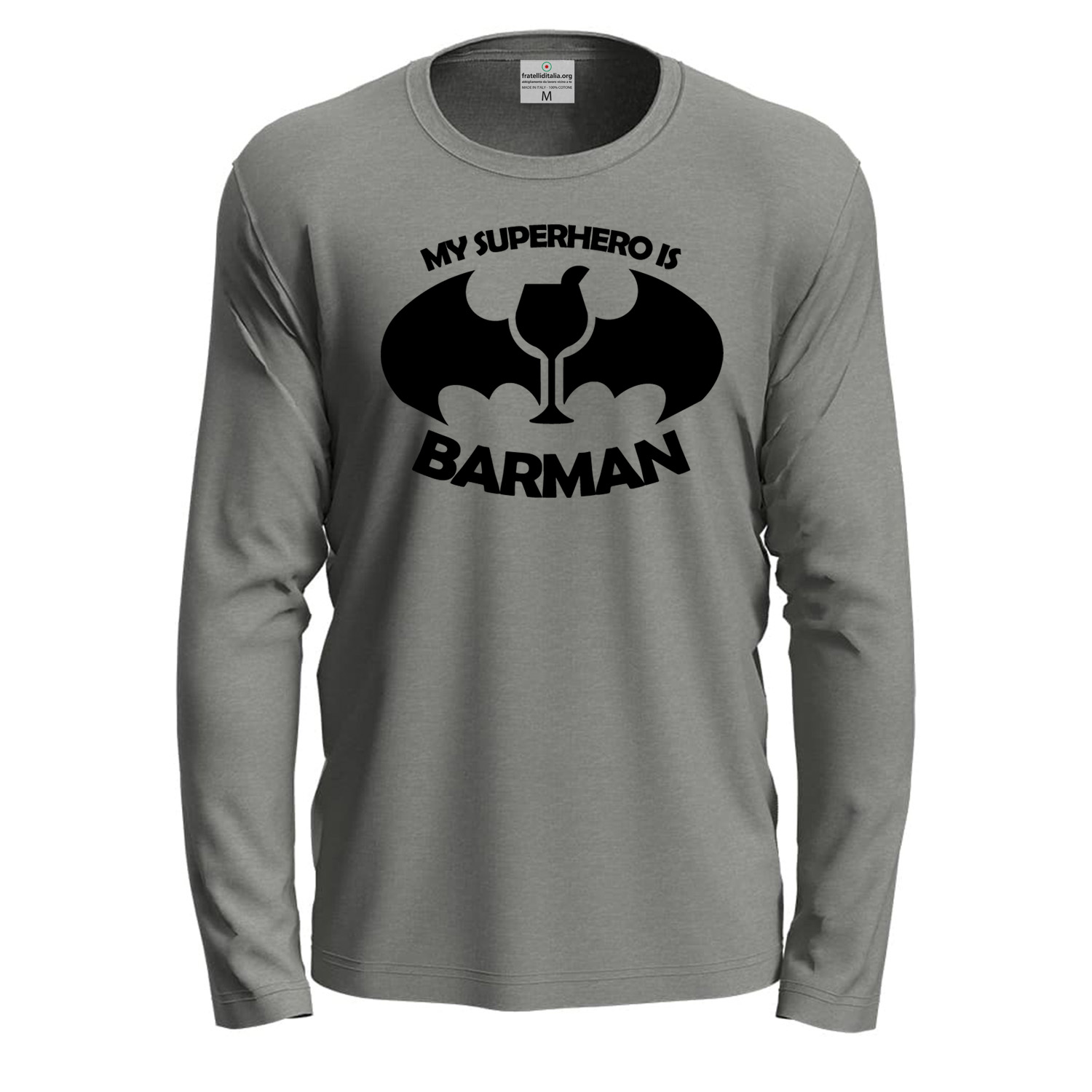 T-shirt classica a manica lunga con stampa BARMAN simpatica divertente bar cartoon idea regalo uomo