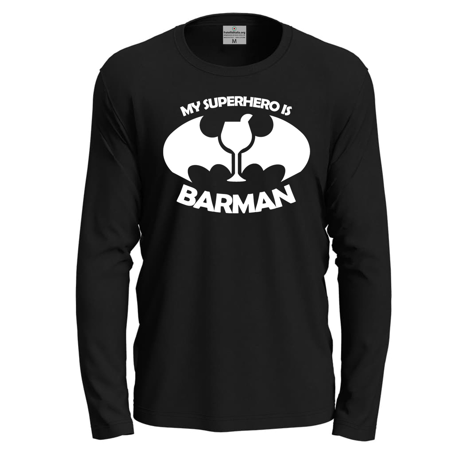 T-shirt classica a manica lunga con stampa BARMAN simpatica divertente bar cartoon idea regalo uomo