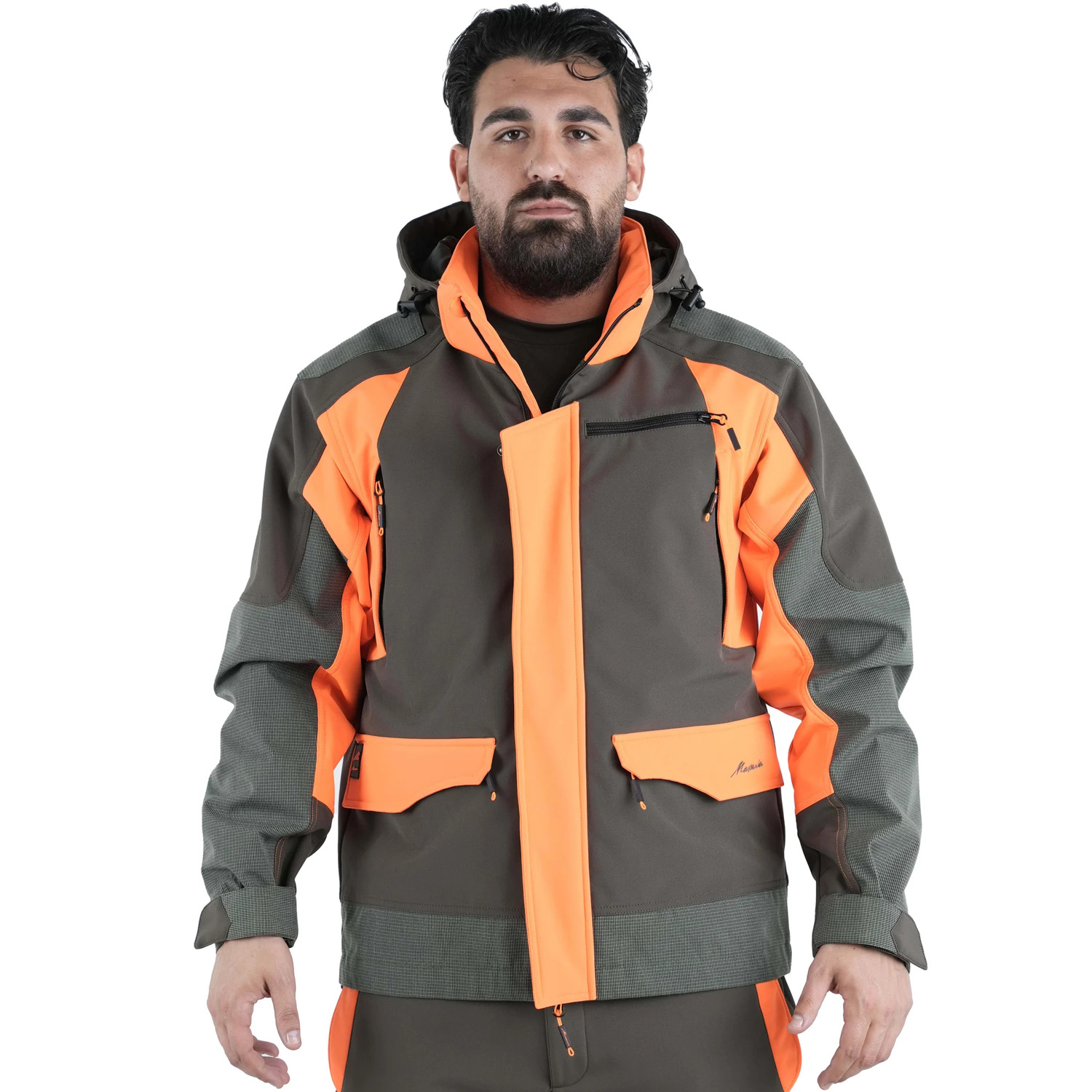 Giacca giubbino Softshell arancio cappuccio alta visibilita\' uomo - Personalizzabile con il tuo logo