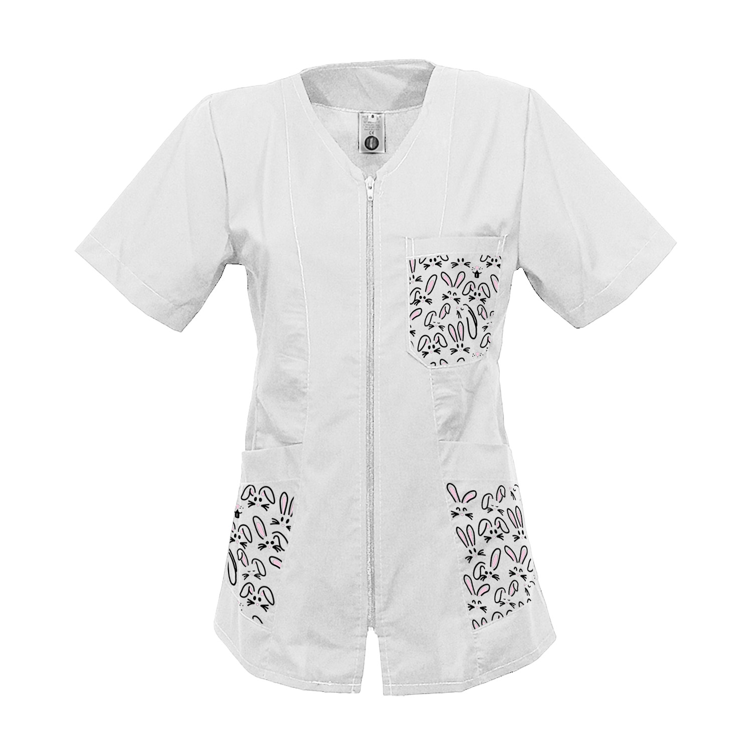 Tablier de travail pour femme, zippé, esthéticienne, enseignante, coiffeuse, infirmière, avec imprimés sur le thème de Pâques.