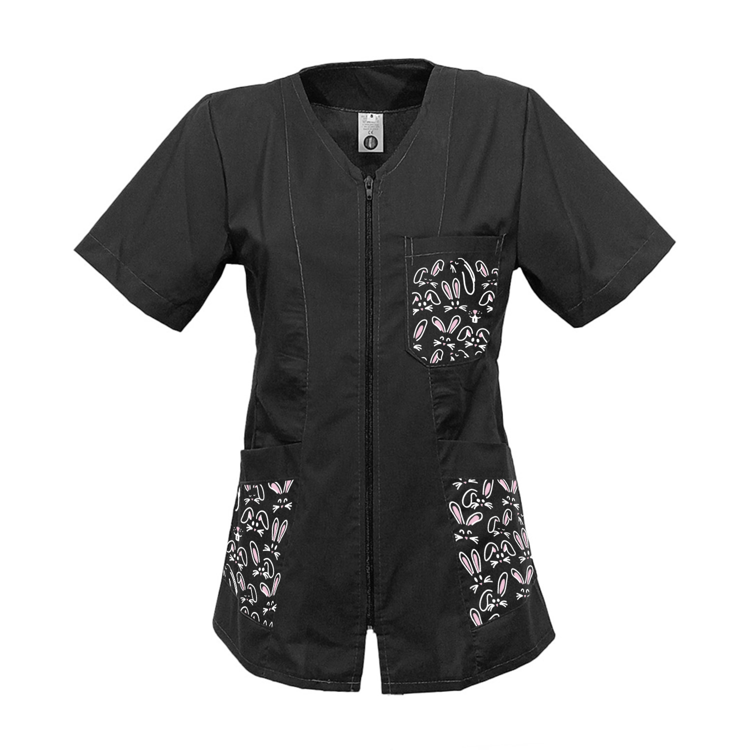 Tablier de travail pour femme, zippé, esthéticienne, enseignante, coiffeuse, infirmière, avec imprimés sur le thème de Pâques.