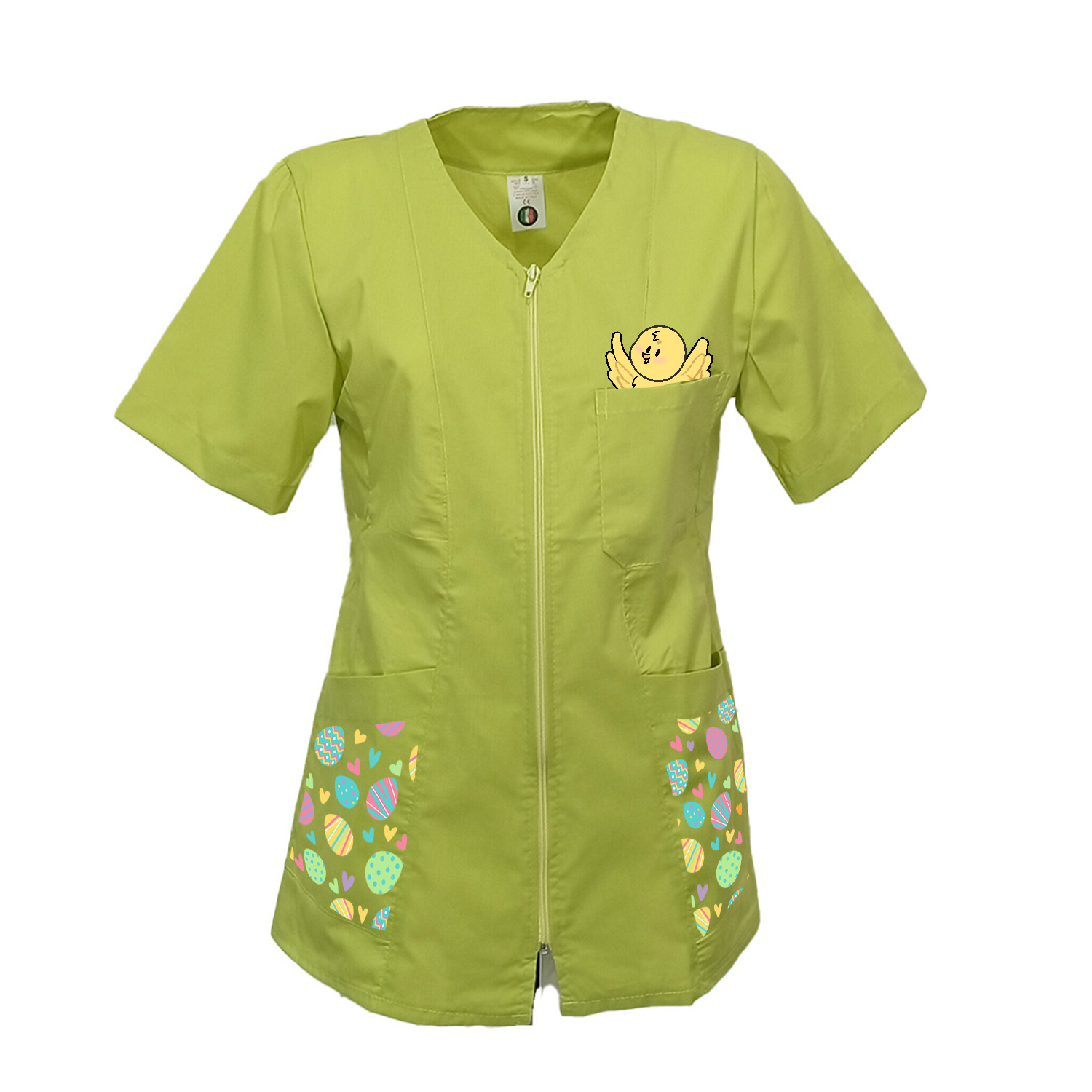 Tablier de travail pour femme, zippé, esthéticienne, enseignante, coiffeuse, infirmière, avec imprimés sur le thème de Pâques.