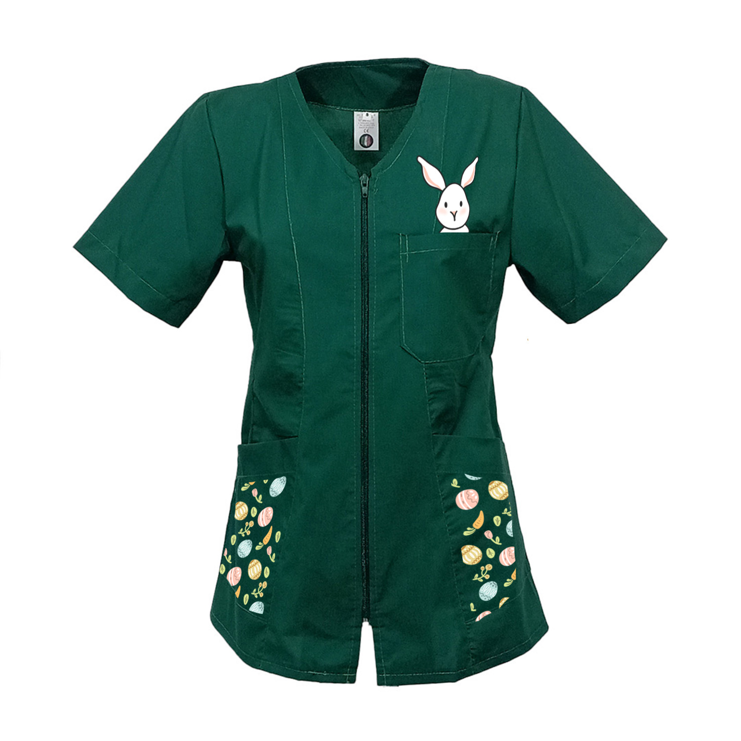 Tablier de travail pour femme, zippé, esthéticienne, enseignante, coiffeuse, infirmière, avec imprimés sur le thème de Pâques.