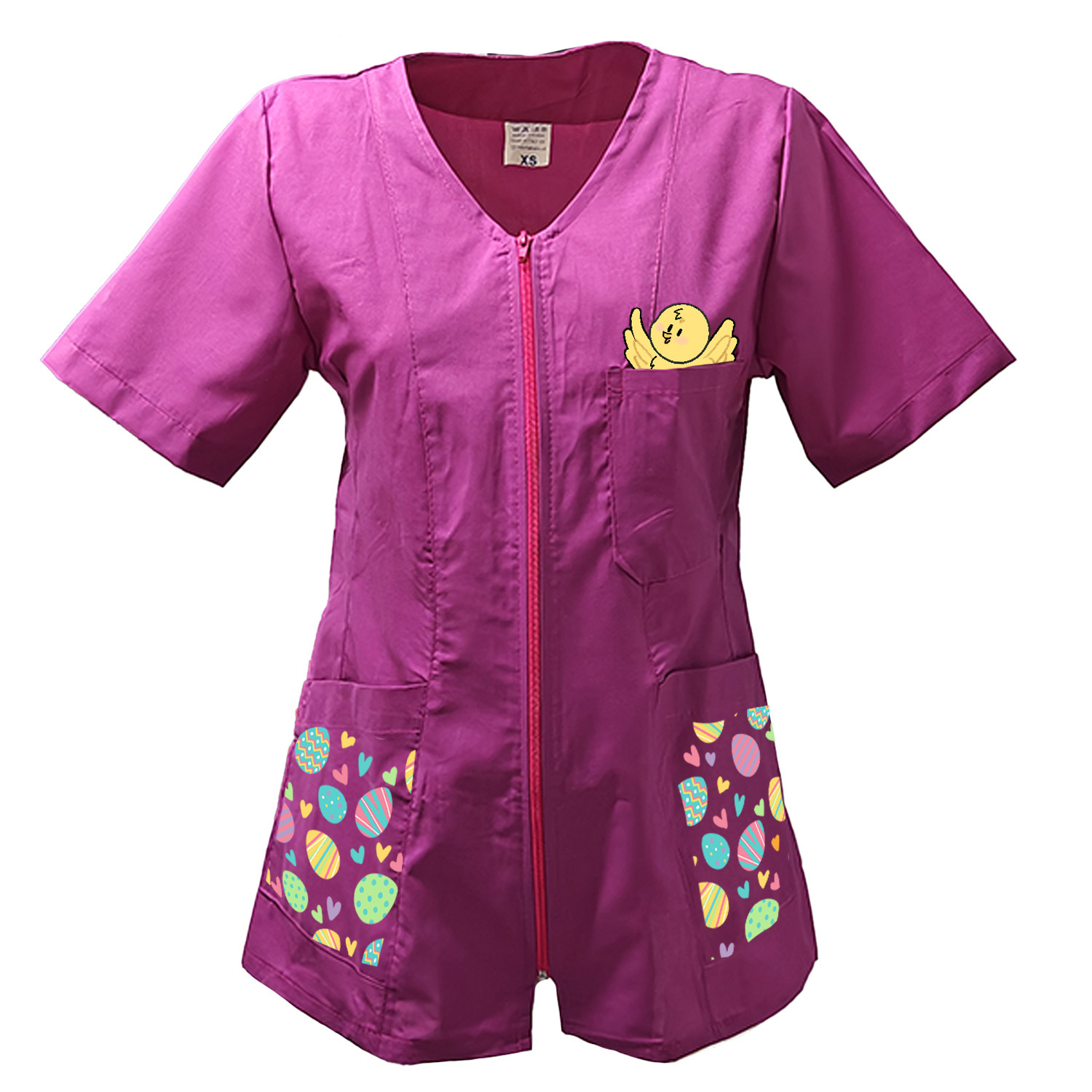 Tablier de travail pour femme, zippé, esthéticienne, enseignante, coiffeuse, infirmière, avec imprimés sur le thème de Pâques.