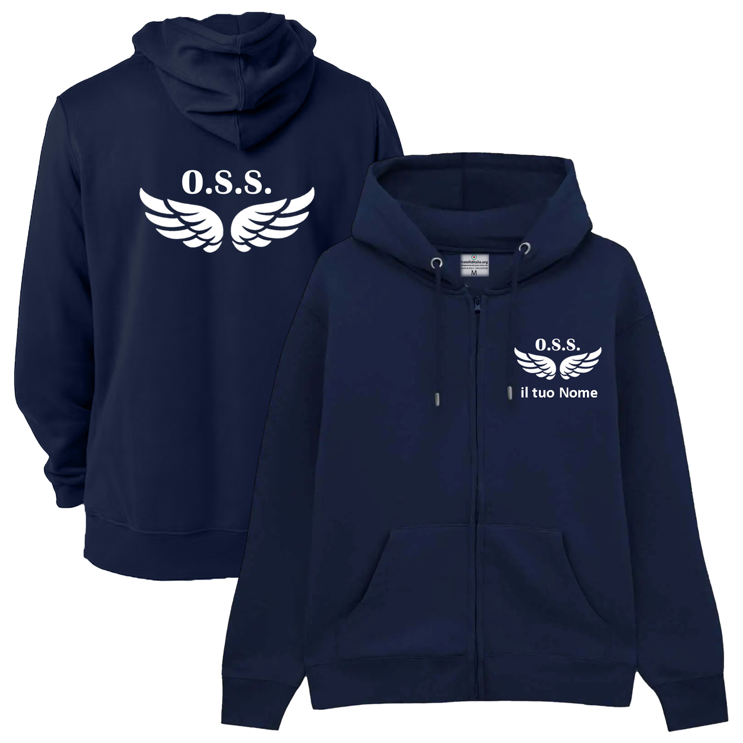 Felpa Unisex OSS con Zip e Cappuccio per Operatore Socio Sanitario in blu scuro - Personalizzata con stampa Fronte/Retro